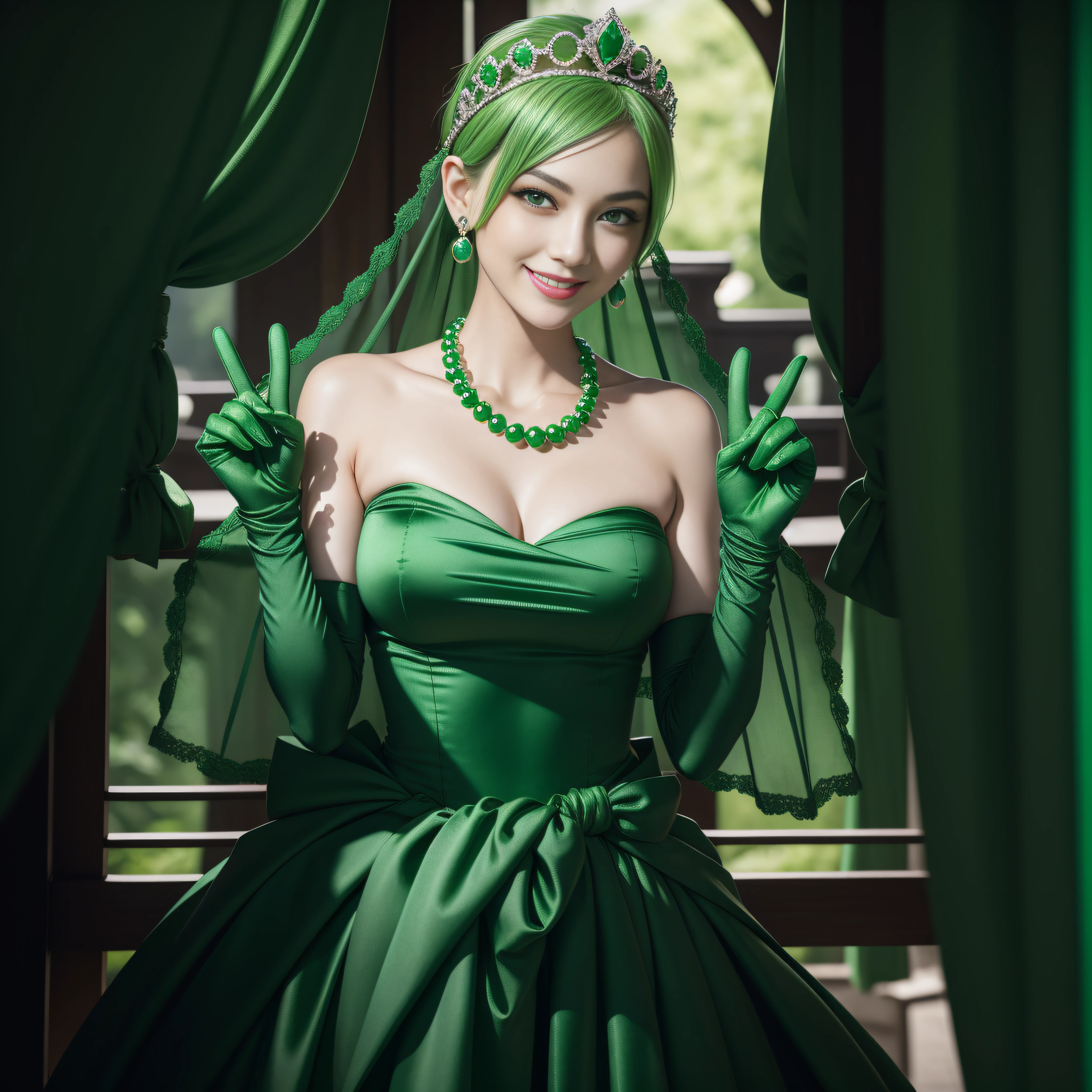 emerald tiara, Green Pearl Necklace, Boyish very short green hair, lipsticks, Japan woman smiling, very short short hair, big breasts beautiful, Green eyes, Long green gloves made of satin material, Green eyes, v sign,V-sign with both hands, Emerald Earrings, Green hair