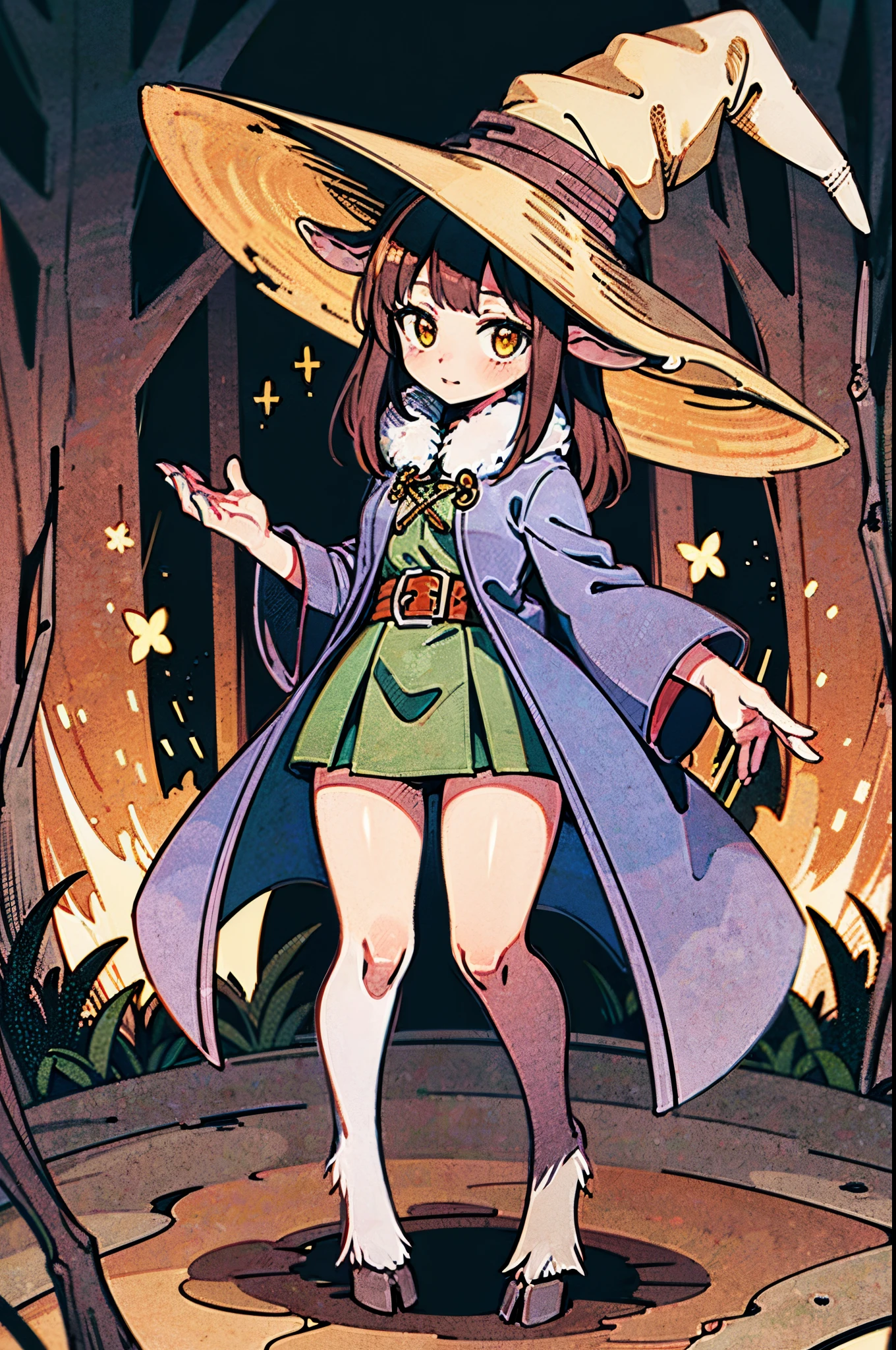 loli, goat horns, goat ears, brown hair, brown skin, saytr, minotarus bottom, goat legs, black mage clothes, yellow hat, (hairy legs:1.3), micro skirt, cowboyshot, forest, standing, fluffy, hairy, hooved legs, hooved legs, hooves, vibrant colors