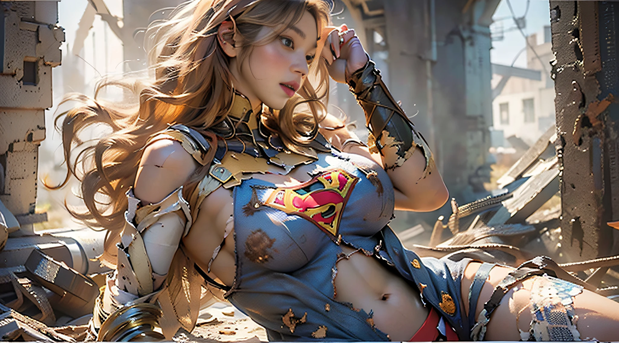 (((Lying in completely destroyed ruins)))、Beautiful American woman long blonde hair, 23 years old, Hourglass body,Huge breasts, Defined body, Wearing lace lingerie:1.6 (((Bra, thong panties and 7/8 Supergirl cosplay sock)) , realist,((Superwoman Costume)) 、 biomechanical oppai,、fanart best artstation, artgerm style, Marked cat,masutepiece, Full Detail,  Photorealistic, 8K, ((( large full breasts:1.5、Big thighs:1.2)))、((Hands together))、wounded、Full of scratches、Turning the crotch、