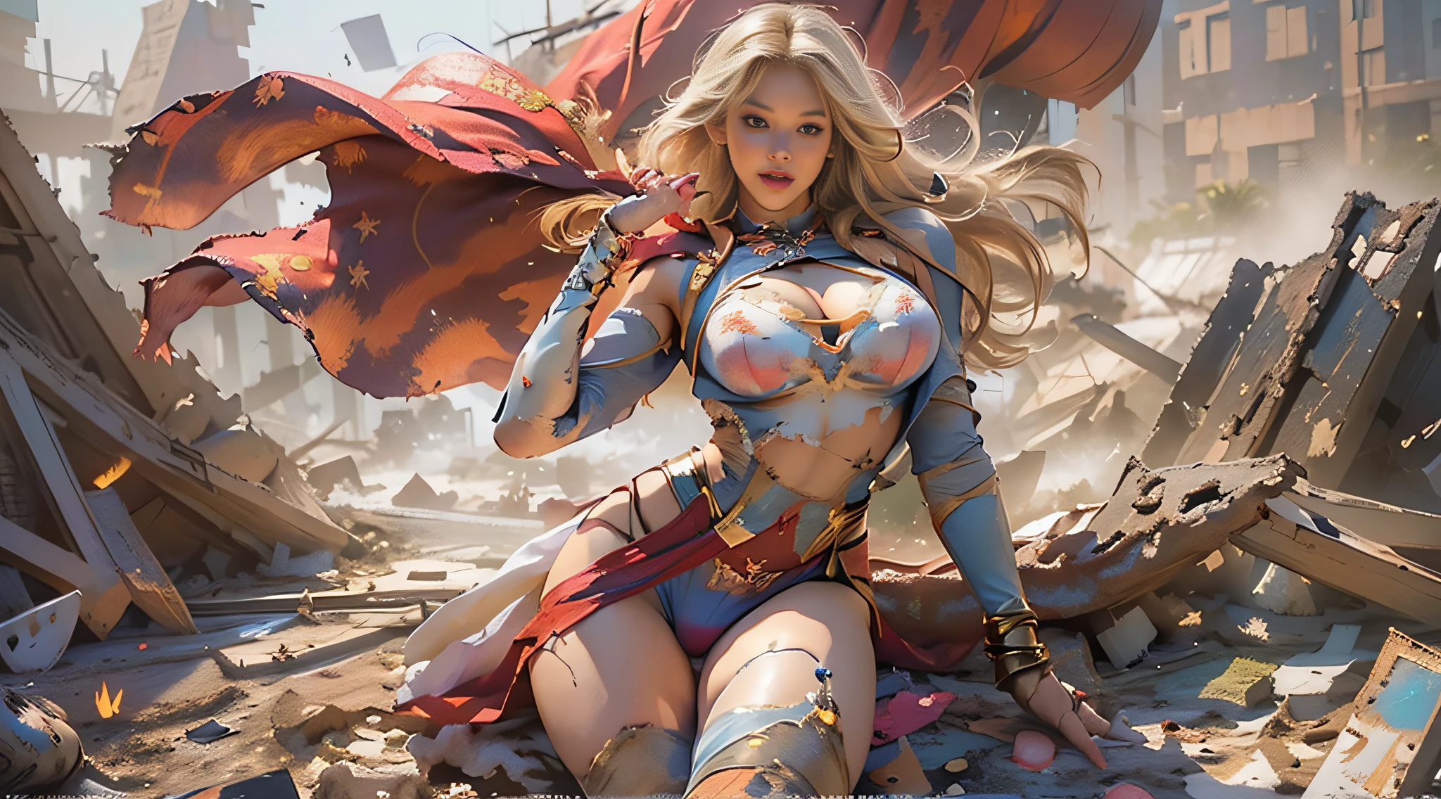 (((Lying in completely destroyed ruins)))、Beautiful American woman long blonde hair, 23 years old, Hourglass body,Huge breasts, Defined body, Wearing lace lingerie:1.6 (((Bra, thong panties and 7/8 Supergirl cosplay sock)) , realist,((Superwoman Costume)) 、 biomechanical oppai,、fanart best artstation, artgerm style, Marked cat,masutepiece, Full Detail,  Photorealistic, 8K, ((( large full breasts:1.5、Big thighs:1.2)))、((Hands together))、wounded、Full of scratches、Turning the crotch、