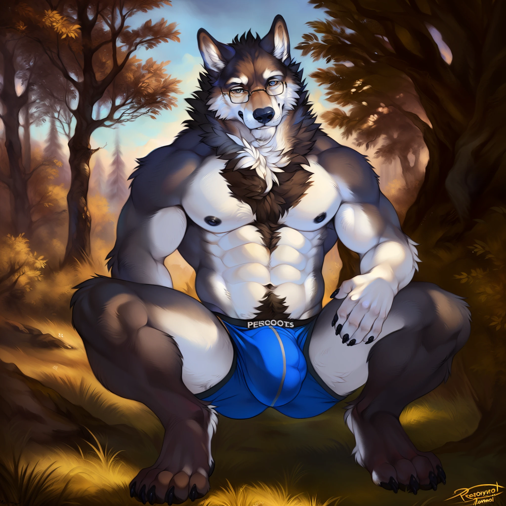 (best quality, ultra-detailed, realistic:1.37), anthro, solo, wolf, sexy, small bottowear, fluffy, big bulge, beautifull eyes, small glasses, crossing hands,4 toes on each paw,pecs,detailed background,black nipples, Art by rukis, by honovy, by personalami, by blotch, by patto