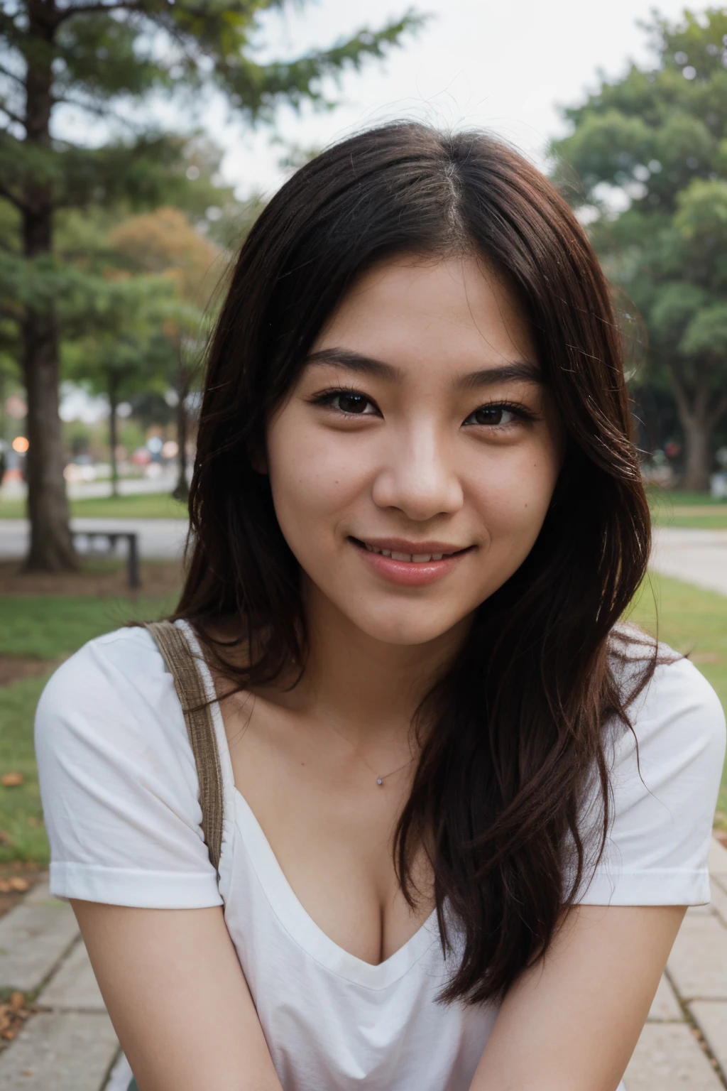 asian girl smiling, in a park, photorealistic,