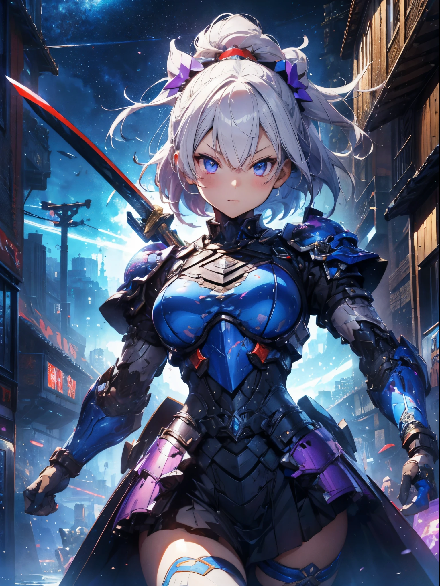 1girl in, The whole picture, Gorgeous girl, White hair, Beautiful face with lilac eyes, (masutepiece, Highly detailed) future knight armor, blue heavy armor, cannon on right shoulder,bow and arrow (Highly detailed, High quality, masutepiece) (((Future sword held in left hand))), Floating in mid-air, Looking at Viewer, menacing look, cyberpunk city in the background