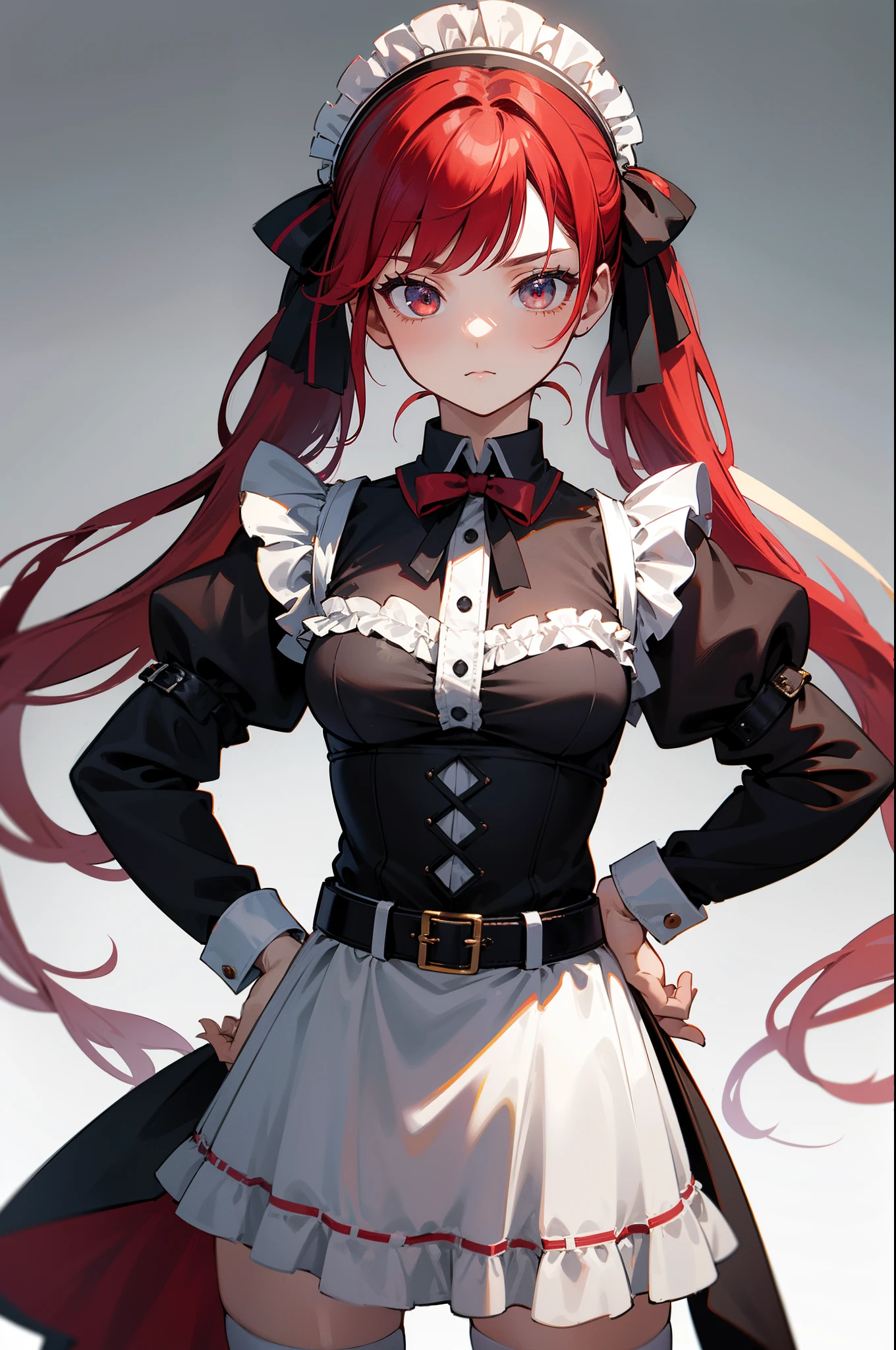 masterpiece, best quality, sharp focus, absurdres, ++ 1girl, solo, fantasy, maid outfit, cassical maid, victorian fashion, ((belts)), red hair, (long twintails), very long hair, straight hair, thighhighs, medium breasts, looking at viewer, upper body, close-up, hands on hips