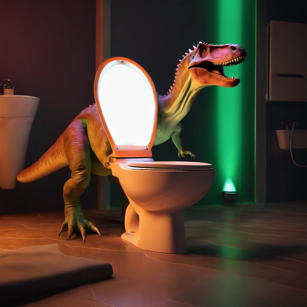 A cinematic scene of a dinosaur roaming through an aurora-filled sky, with a futuristic cosmic toilet in the background. The dinosaur is lit up by the colorful lights of the aurora, creating a dramatic and otherworldly atmosphere. The toilet is intricately designed with advanced technology and glowing lights, adding to the overall futuristic feel of the piece. The composition is focused on the dinosaur, with the aurora and toilet serving as the background elements. The art style is hyper-detailed and trendsetting on platforms such as Artstation and Unreal Engine.