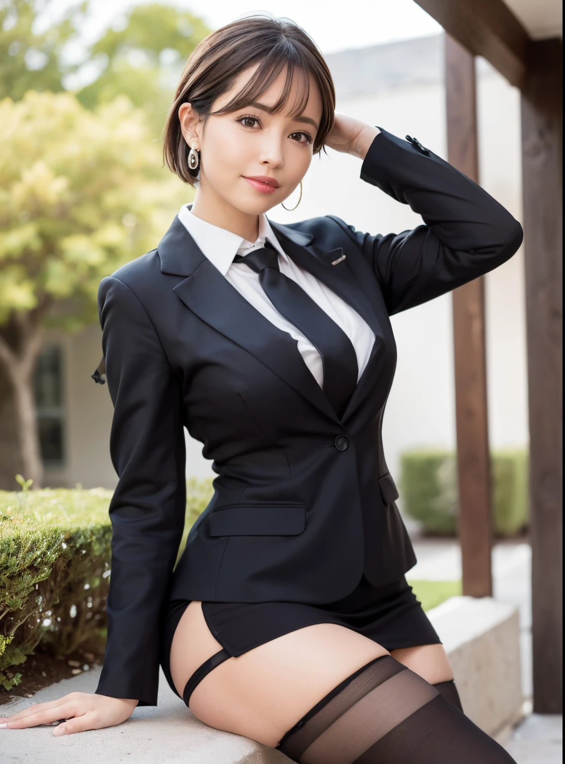 (8k, best quality, masterpiece:1.2),
(realistic, photo-realistic:1.37),
ultra-detailed,

1 girl, full body, outdoors, (adjusting hair:1.5)
office lady, black officeblazer, officeskirt, (pantyhose:1.2), (short buttoneddownshirt:1.2), buttonedupcollarprim, buttoneddowncollarprim, bra, (pantyhose:1.2), alphalayers, highheels,

beautiful earrings,
cute,
solo,
beautiful detailed sky,
(smile:1.15),
(closed mouth),
small breasts,
beautiful detailed eyes,
business attire,
(short hair:1.2),
floating hair NovaFrogStyle,