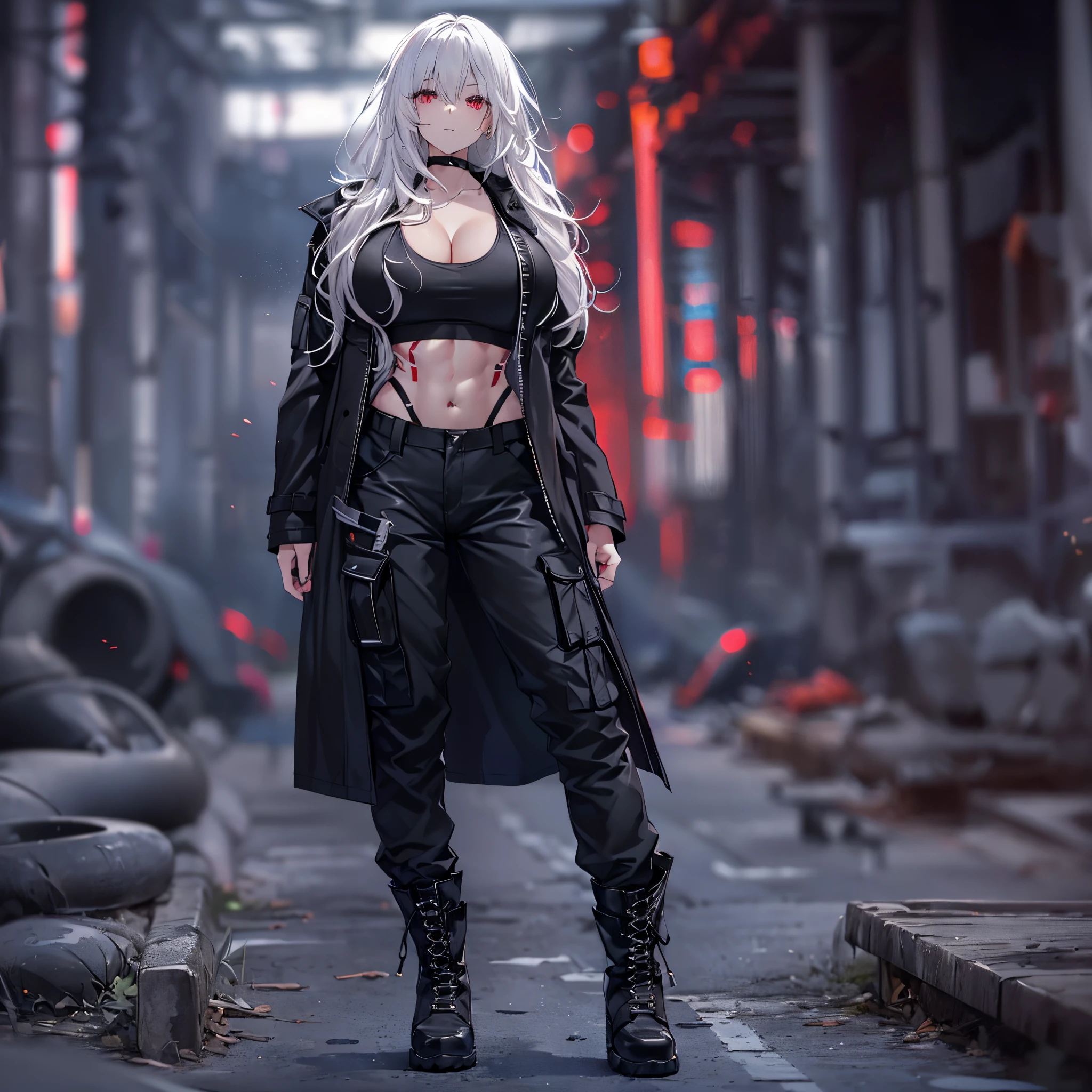 a beautiful girl with long white hair and red eyes wearing a long coat. (((Black coat))), (((sports bra))), (((black leather vest))), (((black tank top))), (((black cargo pants))), (((Black boots))), (((huge breasts))), ((((solo)))), (((toned body)))