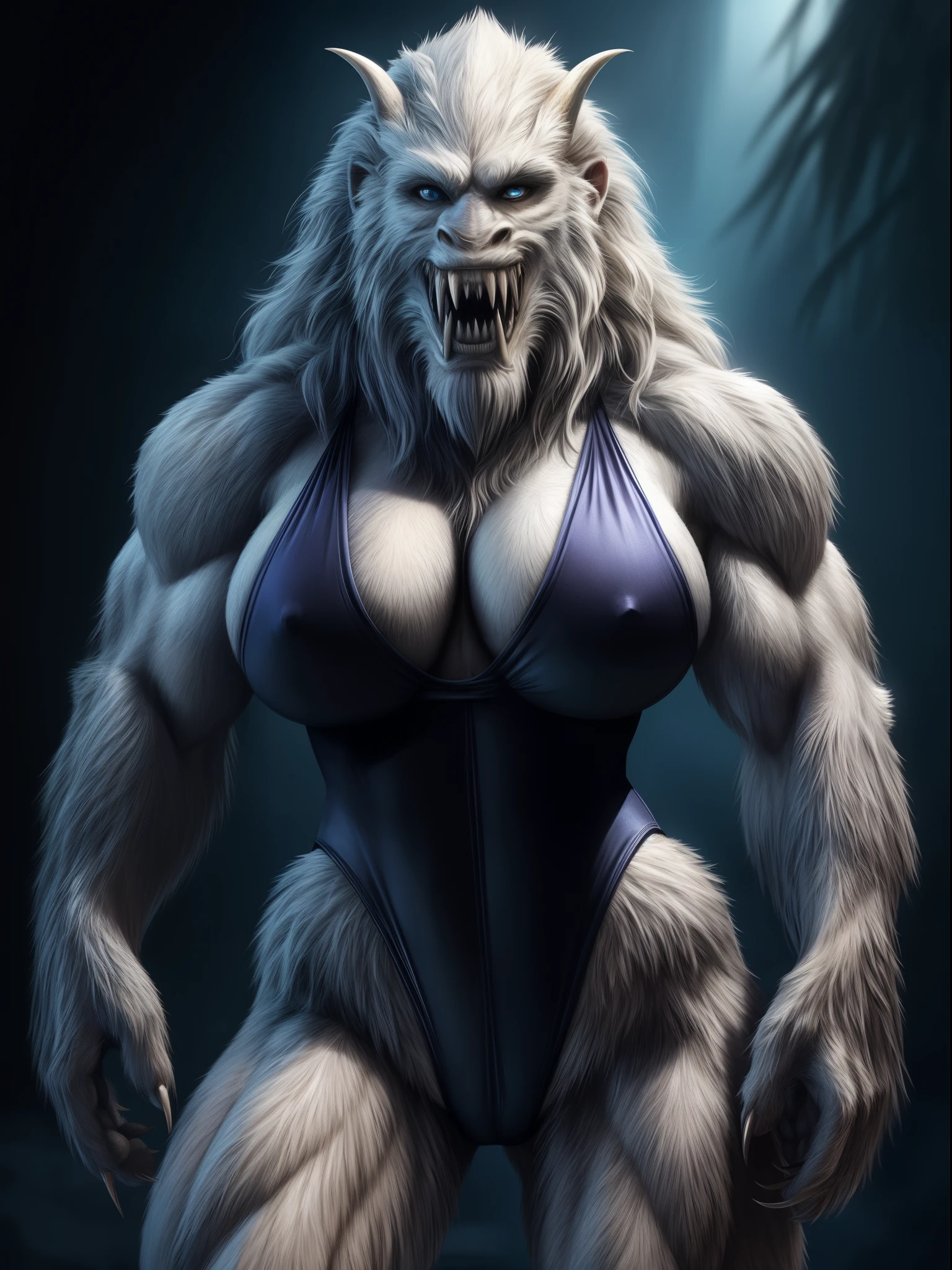 "(high quality, masterpiece, realistic, 8k) solo, Woman transformed into a Yeti, Fur, Hair, (Muscular:1.3), Hard Abs, Thicc, (Busty:1.2), Sharp Teeth, Fangs, Claws, BREAK, (Black highleg leotard)," monster,