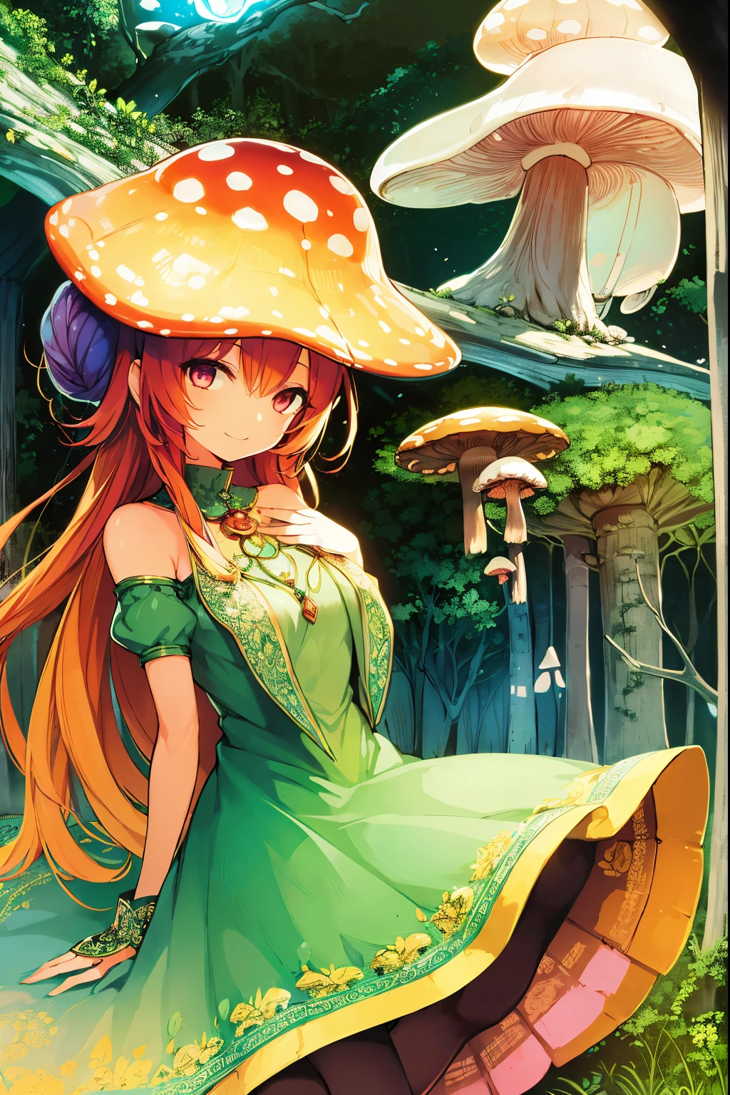 (a girl with) mushroom on head, detailed hair, colorful mushrooms on head, cheerful expression, vibrant colors, fantasy style, ethereal lighting, best quality, ultra-detailed, dreamy atmosphere, magical forest background, whimsical, surreal scene. from side