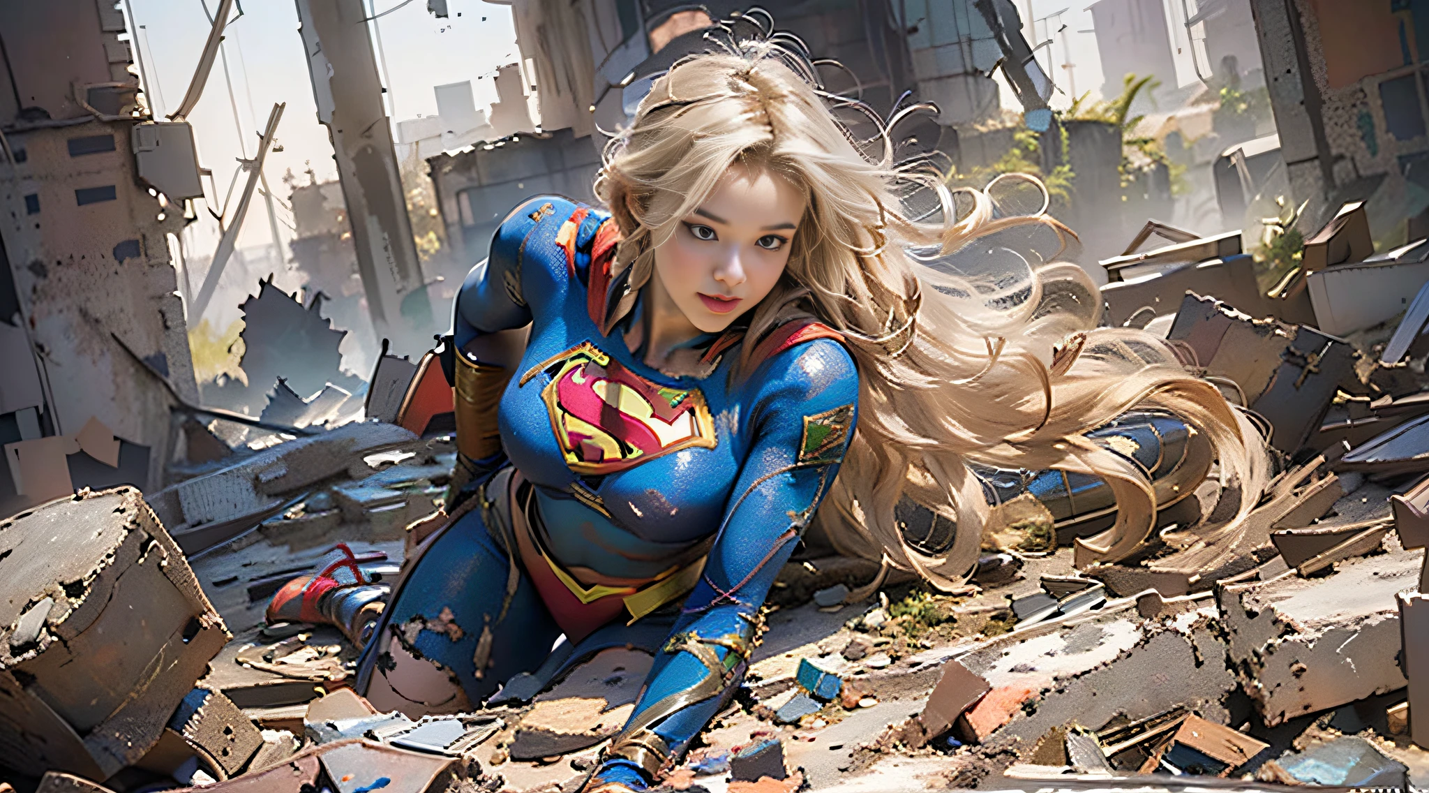 (((Lying in completely destroyed ruins)))、Beautiful American woman long blonde hair, 23 years old, Hourglass body,Huge breasts, Defined body, Wearing lace lingerie:1.6 (((Bra, thong panties and 7/8 Supergirl cosplay sock)) , realist,((Superwoman Costume)) 、 biomechanical oppai,、fanart best artstation, artgerm style, Marked cat,masutepiece, Full Detail,  Photorealistic, 8K, ((( large full breasts:1.5、Big thighs:1.2)))、((Hands together))、wounded、Full of scratches、Turning the crotch、((Looking at the camera))、Light in the eyes