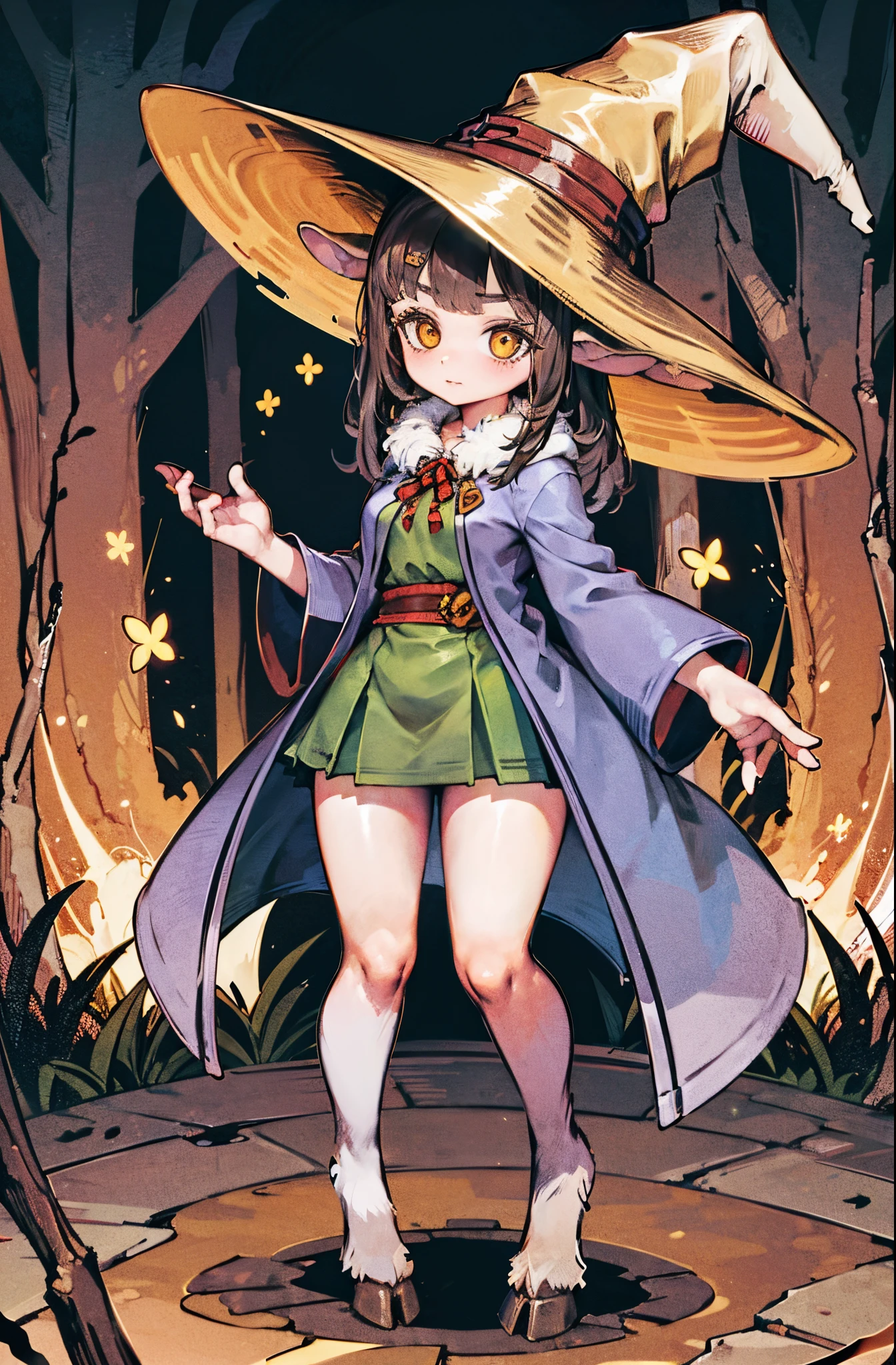 loli, goat horns, goat ears, brown hair, brown skin, saytr, minotarus bottom, goat legs, black mage clothes, yellow hat, (hairy legs:1.3), micro skirt, cowboyshot, forest, standing, fluffy, hairy, hooved legs, hooved legs, hooves, vibrant colors