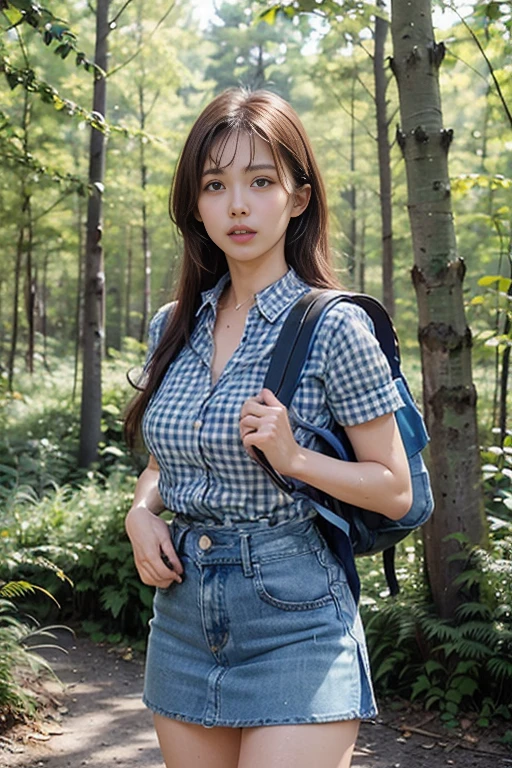 (Natural Landscape Photography), (Best Quality), masutepiece:1.2, 超A high resolution, ((Cowboy Shot:1.4))、Photorealistic:1.4, Raw photo, ((In the dark forest、The tree々Light shines into the space:1.4)), (Wide angle shot), ((Short Sleeve Open Collar Blue Gingham Check Shirt:1.4)),(1girl in), (Photo from the knee up:1.3), (18 years old), (Happy:1.2), (wetted skin), (Real Skin), (Semi-long hair, dark brown hair)、 ((Denim skirt with emphasis on thighs:1.4)), ((Carrying a large backpack:1.4)), (hyperdetailed face), (Super Beautiful Maid), (Ultra detailed eyes), (Ultra-detailed nose), (Ultra detailed mouth), (Ultra detailed arms), (ultra detailed body), Pan Focus, gaze at the audience、terrified expression