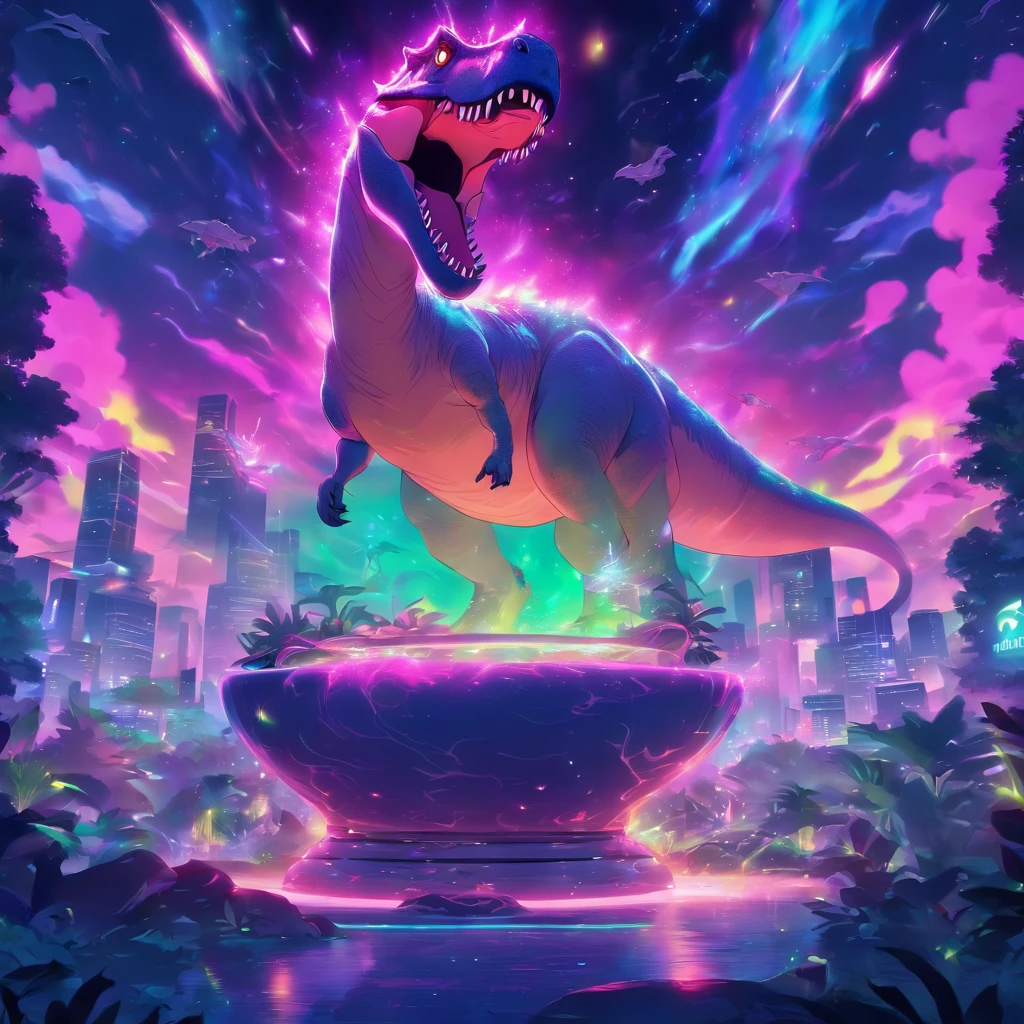 A cinematic scene of a dinosaur roaming through an aurora-filled sky, with a futuristic cosmic toilet in the background. The dinosaur is lit up by the colorful lights of the aurora, creating a dramatic and otherworldly atmosphere. The toilet is intricately designed with advanced technology and glowing lights, adding to the overall futuristic feel of the piece. The composition is focused on the dinosaur, with the aurora and toilet serving as the background elements. The art style is hyper-detailed and trendsetting on platforms such as Artstation and Unreal Engine.