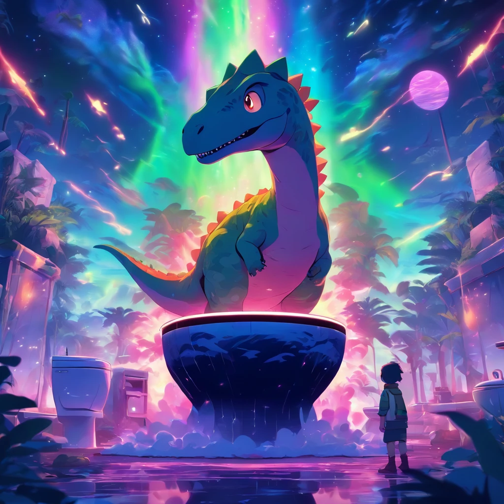 A cinematic scene of a dinosaur roaming through an aurora-filled sky, with a futuristic cosmic toilet in the background. The dinosaur is lit up by the colorful lights of the aurora, creating a dramatic and otherworldly atmosphere. The toilet is intricately designed with advanced technology and glowing lights, adding to the overall futuristic feel of the piece. The composition is focused on the dinosaur, with the aurora and toilet serving as the background elements. The art style is hyper-detailed and trendsetting on platforms such as Artstation and Unreal Engine.