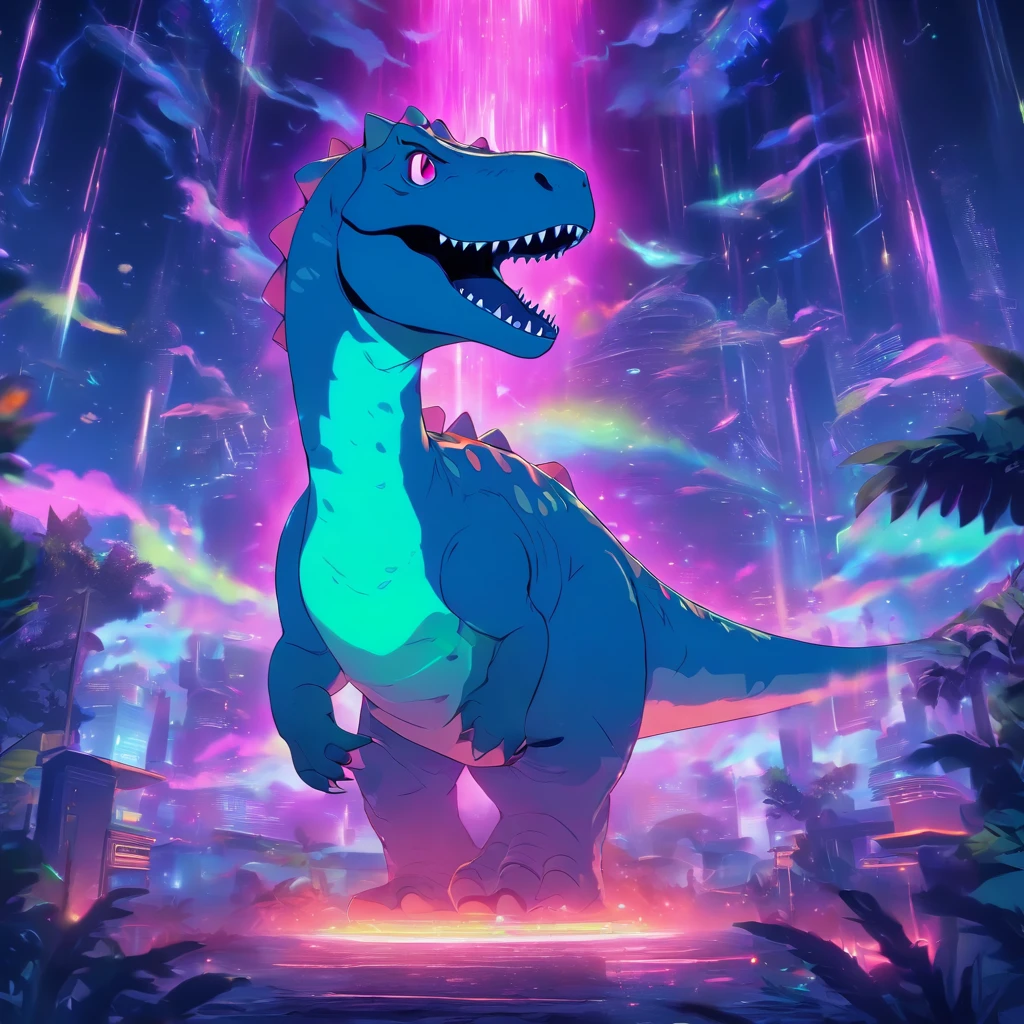 A cinematic scene of a dinosaur roaming through an aurora-filled sky, with a futuristic cosmic toilet in the background. The dinosaur is lit up by the colorful lights of the aurora, creating a dramatic and otherworldly atmosphere. The toilet is intricately designed with advanced technology and glowing lights, adding to the overall futuristic feel of the piece. The composition is focused on the dinosaur, with the aurora and toilet serving as the background elements. The art style is hyper-detailed and trendsetting on platforms such as Artstation and Unreal Engine.