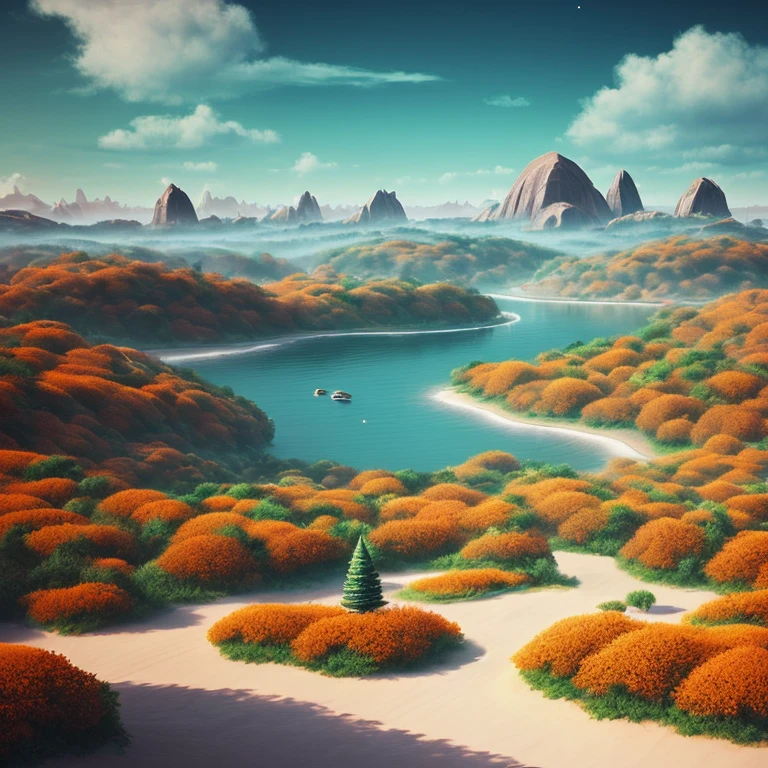 utopian worlds, pastel tones, brown, blue, grey, orange,