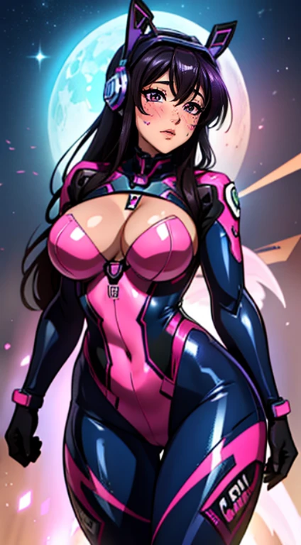 (best quality:1.3), (4k quality), solo, Akeno himejima by high school dxd,d.va (overwatch), ((Detailed face)), ((curvy body)),((blush)), long hair, whisker markings, bodysuit, facial mark, gloves, breasts, brown eyes, pilot suit, cowboy shot, headphones, white gloves, medium breasts, swept bangs, skin tight, animal print, bangs, bunny print, blue bodysuit, facepaint, pink lips,
