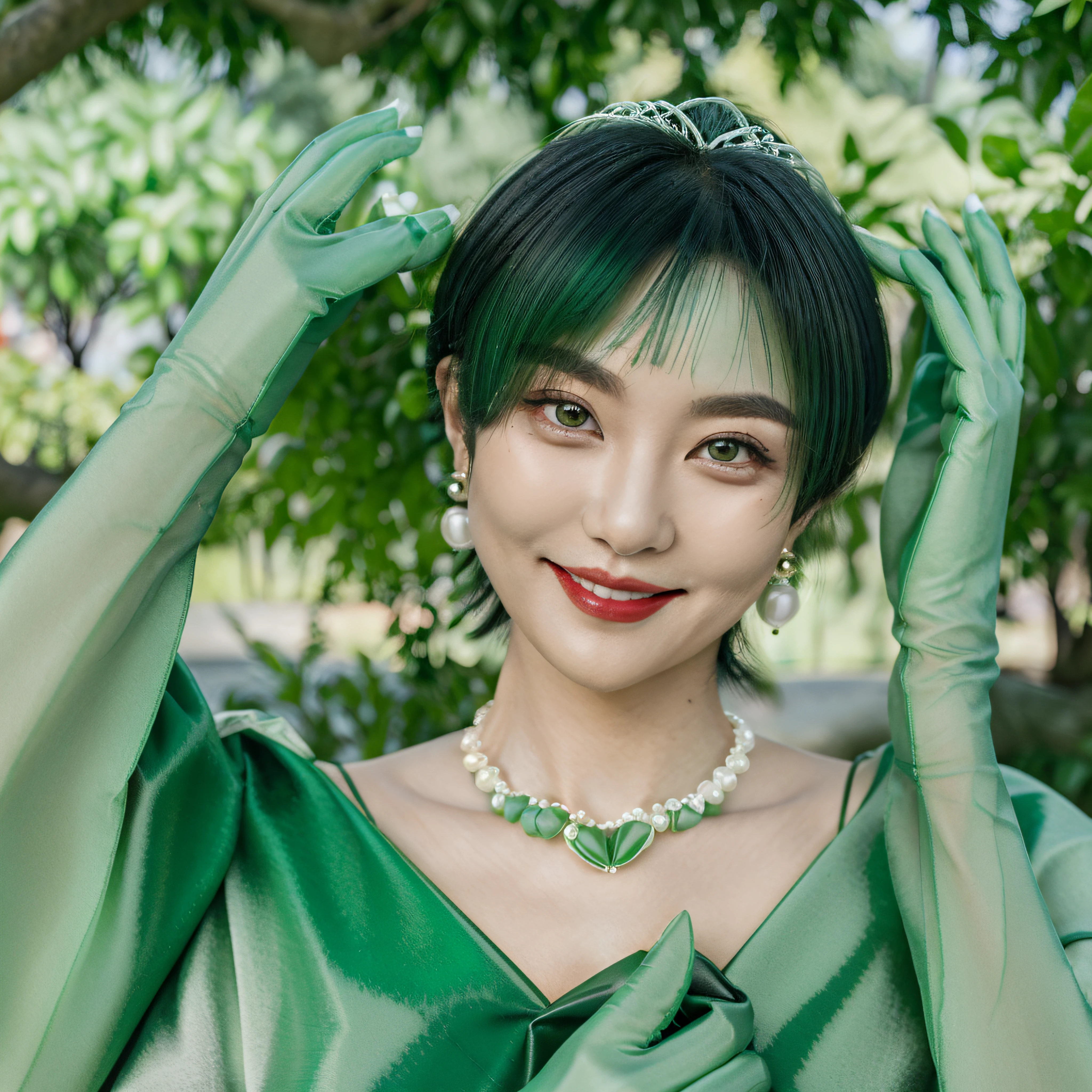 emerald tiara, Green Pearl Necklace, Boyish very short green hair, lipsticks, Japan woman smiling, very short short hair, big breasts beautiful, Green eyes, Long green gloves made of satin material, Green eyes, Emerald Earrings, green vale, v sign