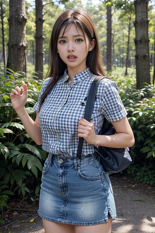(Natural Landscape Photography), (Best Quality), masutepiece:1.2, 超A high resolution, ((Cowboy Shot:1.4))、Photorealistic:1.4, Raw photo, ((In the dark forest、The tree々Light shines into the space:1.4)), (Wide angle shot), ((Short Sleeve Open Collar Blue Gingham Check Shirt:1.4)),(1girl in), (Photo from the knee up:1.3), (18 years old), (Happy:1.2), (wetted skin), (Real Skin), (Semi-long hair, dark brown hair)、 ((Denim skirt with emphasis on thighs:1.4)), ((Carrying a large backpack:1.4)), (hyperdetailed face), (Super Beautiful Maid), (Ultra detailed eyes), (Ultra-detailed nose), (Ultra detailed mouth), (Ultra detailed arms), (ultra detailed body), Pan Focus, gaze at the audience、Scary expressions、Screaming、Afraid