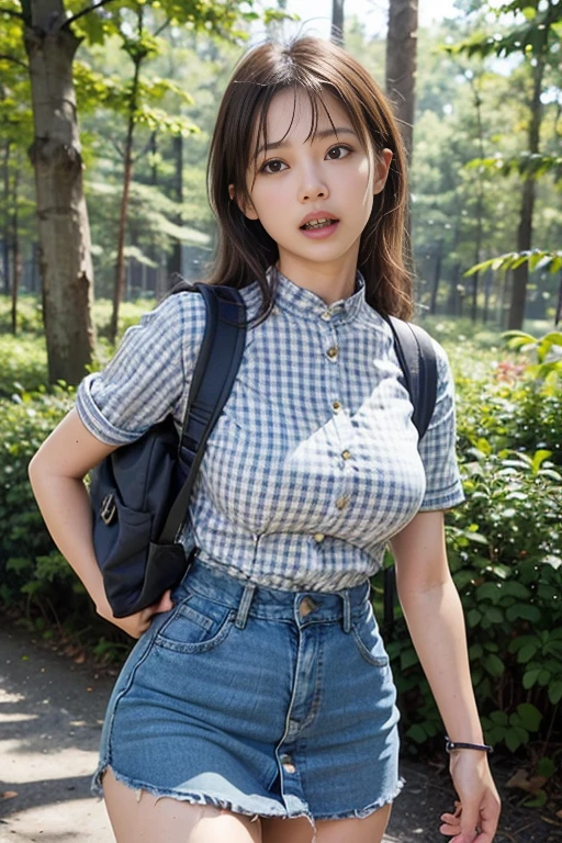 (Natural Landscape Photography), (Best Quality), masutepiece:1.2, 超A high resolution, ((Cowboy Shot:1.4))、Photorealistic:1.4, Raw photo, ((In the dark forest、The tree々Light shines into the space:1.4)), (Wide angle shot), ((Short Sleeve Open Collar Blue Gingham Check Shirt:1.4)),(1girl in), (Photo from the knee up:1.3), (18 years old), (Happy:1.2), (wetted skin), (Real Skin), (Semi-long hair, dark brown hair)、 ((Denim skirt with emphasis on thighs:1.4)), ((Carrying a large backpack:1.4)), (hyperdetailed face), (Super Beautiful Maid), (Ultra detailed eyes), (Ultra-detailed nose), (Ultra detailed mouth), (Ultra detailed arms), (ultra detailed body), Pan Focus, gaze at the audience、Scary expressions、Screaming、Afraid