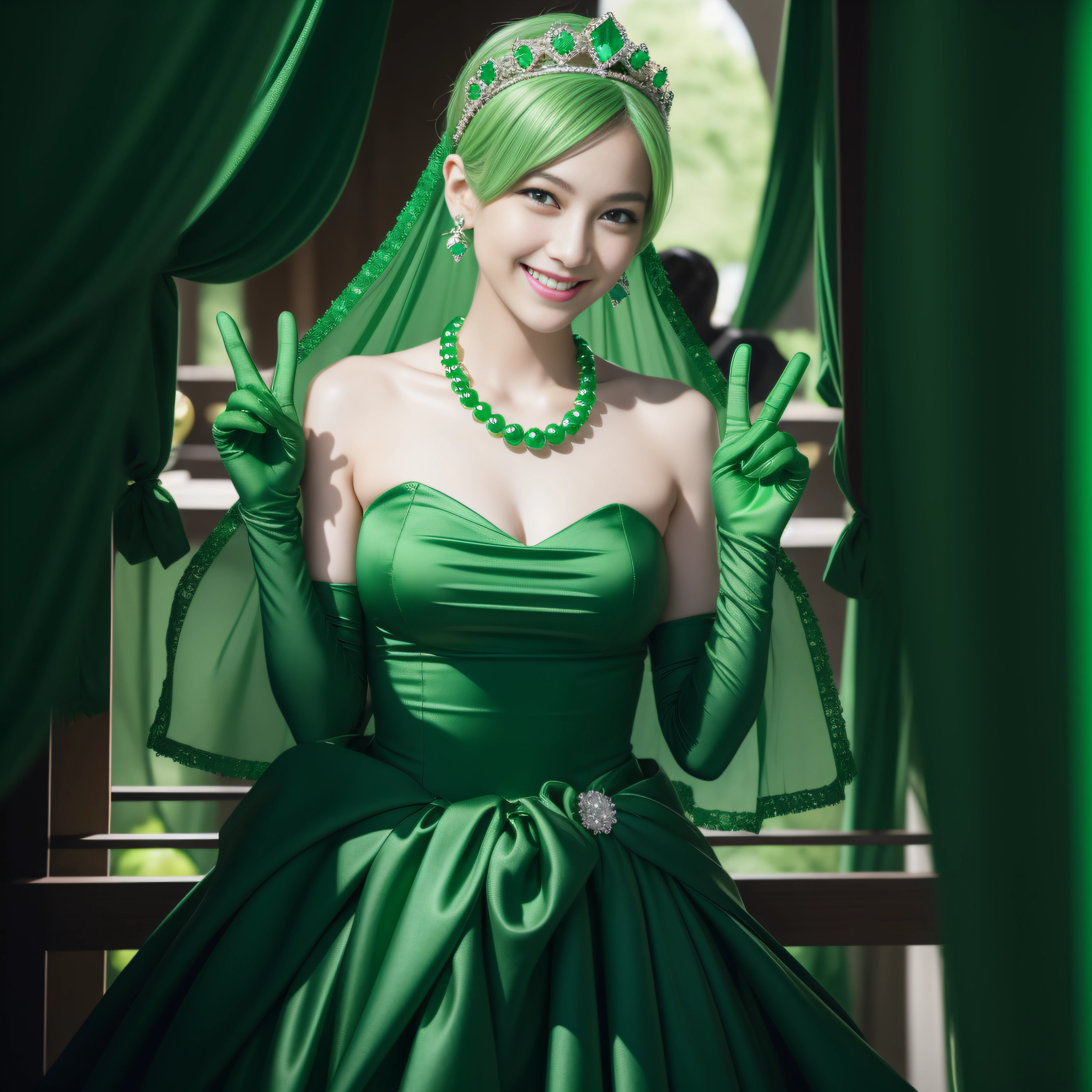 emerald tiara, Green Pearl Necklace, Boyish very short green hair, lipsticks, Japan woman smiling, very short short hair, big breasts beautiful, Green eyes, Long green gloves made of satin material, Green eyes, Emerald Earrings, green vale, v sign
