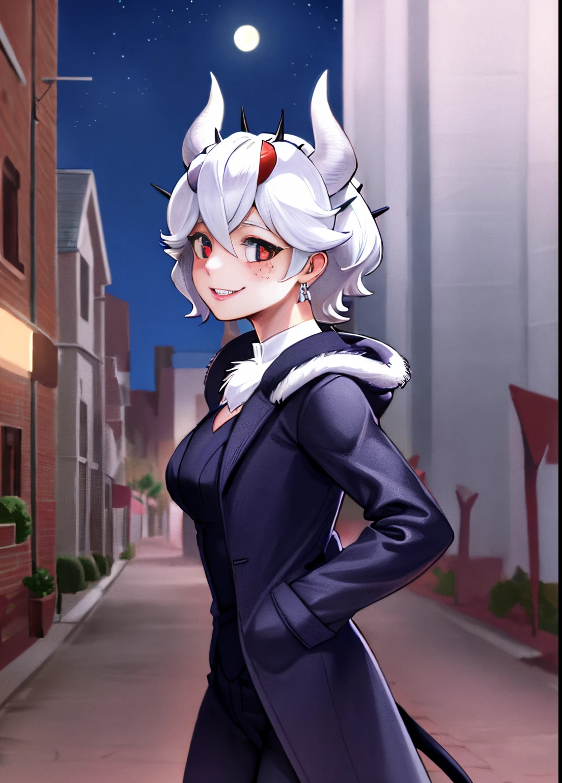(masterpiece, absurdres, high-quality, best quality, ultra-detailed, beautiful), perfect eyes, perfect face, perfect lighting, textured skin, beautiful detailed face, (detailed face:1.4), beautiful detailed eyes, ambient light, realistic shadows, beautiful detailed pupils, cute, 1girl, solo, solo focus, beelzebub, short hair, white hair, demon girl, demon tail, freckles, red eyes, white horns, purple lipstick, lips, blush, white fur coat, (white fur-trimmed coat:1.3), outdoors, street, (night:1.2), cars in the backgrounds, Headlights, church in the background, lights, moon, looking at viewer, walking, smiling, from the side, full body, rich, expensive, jewelry