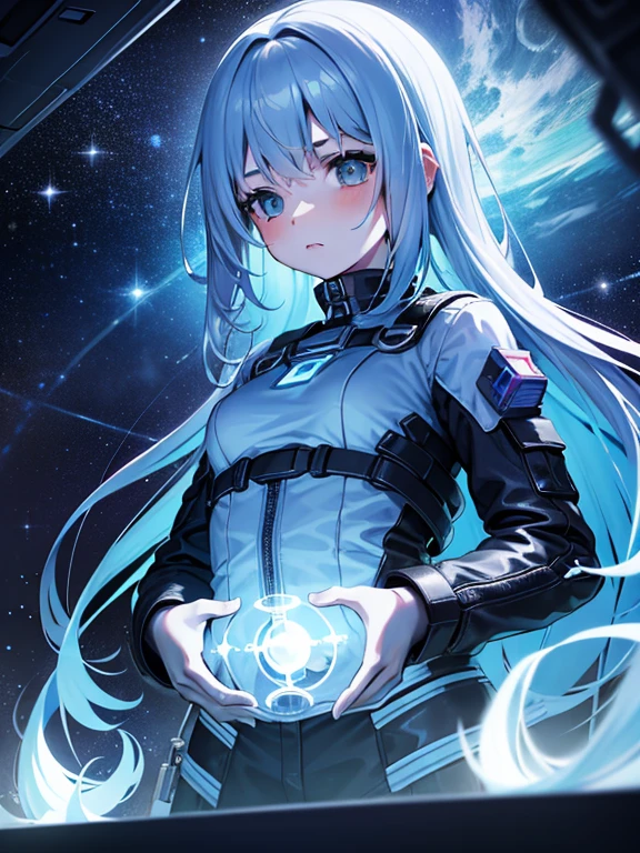 Focusing on the girl, hiding her hands, the girl dreams of an adventure to unknown stars, exploring the interior of the spaceship. There is curiosity and excitement in her expression, and in her hands she holds maps and exploration equipment. The light inside the spaceship and her presence combine to create an atmosphere of space mystery and infinite possibilities.