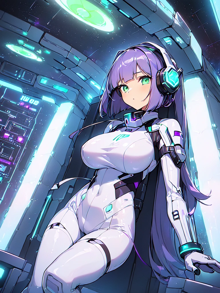 masterpiece:1.4, 1girl in ((20yr old, Wearing a futuristic white and silver costume, Tight Fit Bodysuit, long boots, Very gigantic-breasts, (Colorful purple hair,):1.3 short bob, Perfect model body, Green eyes:1.2, Wearing headphones, Looking out the window of the futuristic sci-fi space station、While admiring the beautiful galaxy:1.2, SFSF control room on night background:1.1, Neon and energetic atmosphere:1.2)) ((Galaxy))
