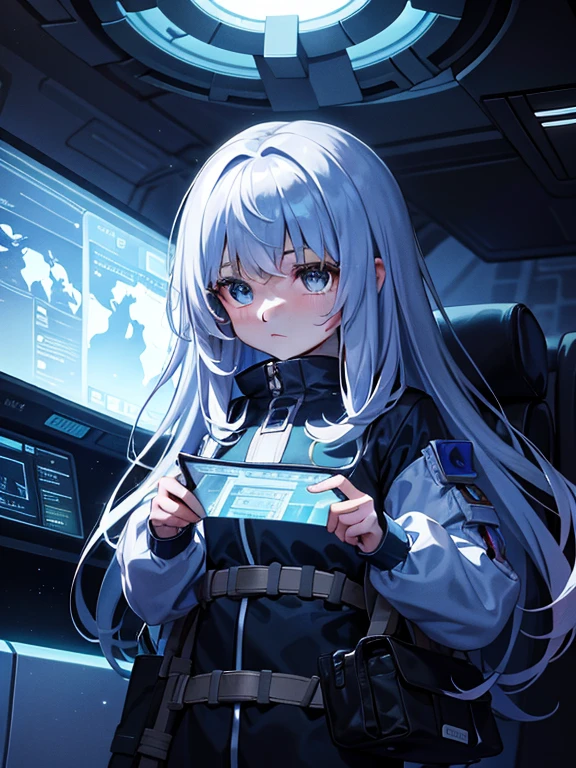 Focusing on the girl, hiding her hands, the girl dreams of an adventure to unknown stars, exploring the interior of the spaceship. There is curiosity and excitement in her expression, and in her hands she holds maps and exploration equipment. The light inside the spaceship and her presence combine to create an atmosphere of space mystery and infinite possibilities.