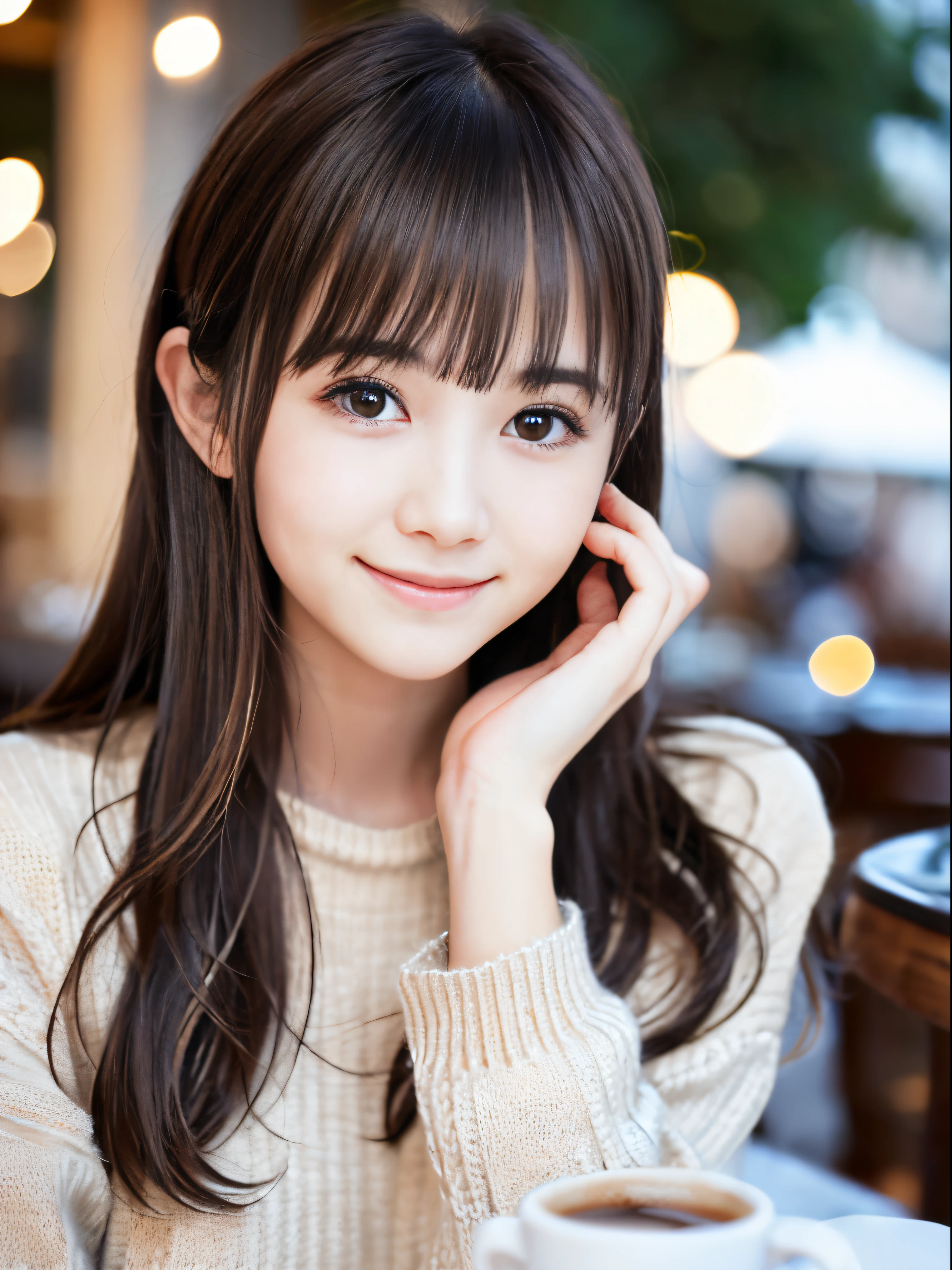 (Close-up portrait of brown half-up long hair of girl with blunt bangs wearing winter white knitted sweater and shirt:1.5)、(girls have a christmas party、Drinking champagne with a shy smile at a cafe at night:1.5)、( Blurry background,:1.5)、(Perfect Anatomy:1.3)、(complete hands:1.3)、(complete fingers:1.3)、Photorealsitic、Raw photography、masutepiece、top-quality、hight resolution、delicate and pretty、face perfect、Beautiful detailed eyes、Fair skin、Real Human Skin、((thin legs))