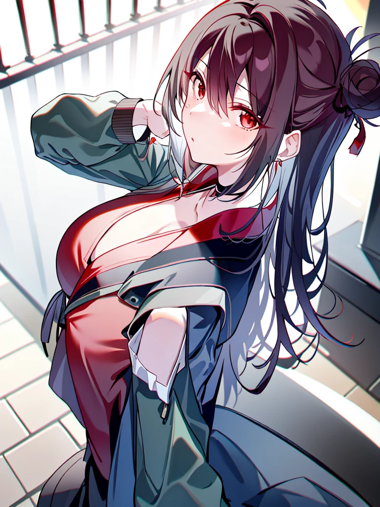 masutepiece, Best Quality, High resolution,
1girl in, Solo, maid, enmaided, maid apronl, Black hair, scarlet eyes, cleavage, from the front side, face to the viewer, Face to face, Sneaking into the eyes,Upper body, cleavage, medium breasts, Portrait, Vomiting eyes