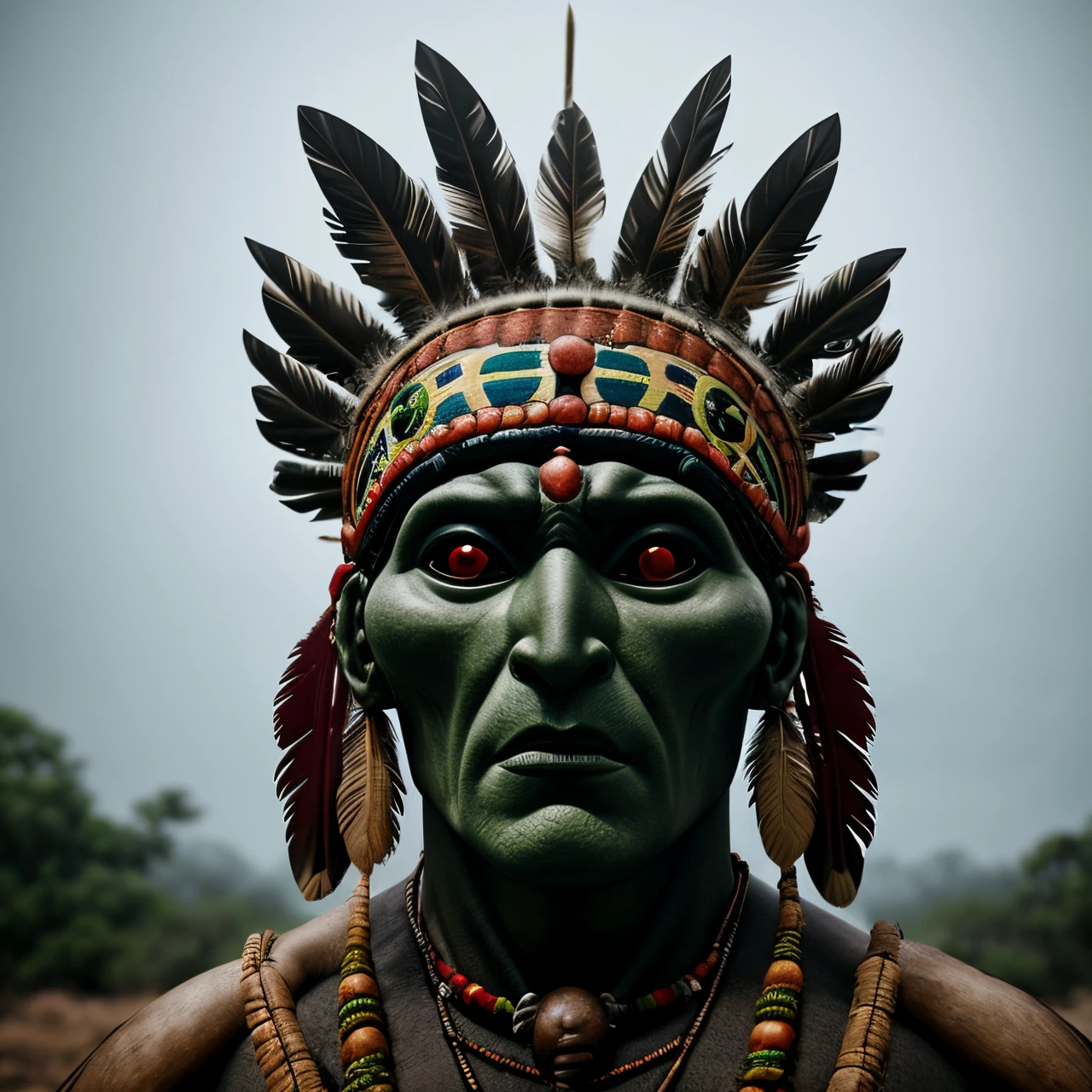 Indigenous alien, humanoide , mexican indigenous god, Looking at camera, detalhado, muito detalhado, 8k, cinematic lighting, Mythological aspect