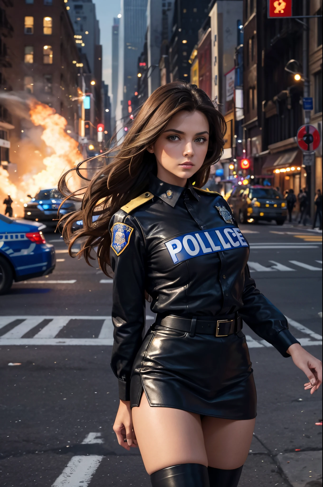 Masterpiece, Image/ Beautiful Brunette haired Female New York City Police woman, Black Leather Skirt, Blue NYPD shirt, standing in busy Street, Long Hair blowing in the wind, Police Cars, Fires, explosions, and chaos in background.