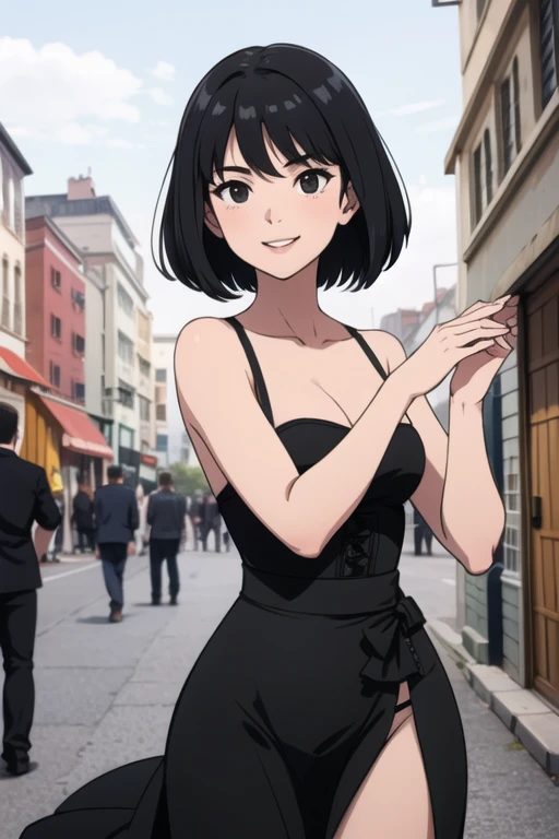 1 girl, age, black hair, short black hair, medium hair, bob hair, black eyes, flamenco dress, flamenco dancer, smile, city streets, sexy, masterpiece, high quality.