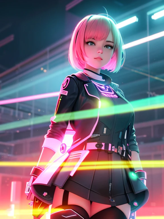 cute young woman, ultra high quality, volumetric, bioluminescence, luminism, pink-orange, global illumination, ambient occlusion, masterpiece, art by Ilya Kuvshinov, omimoji, busy image, Tokyo anime awards winner, octane render, unreal engine 5,
