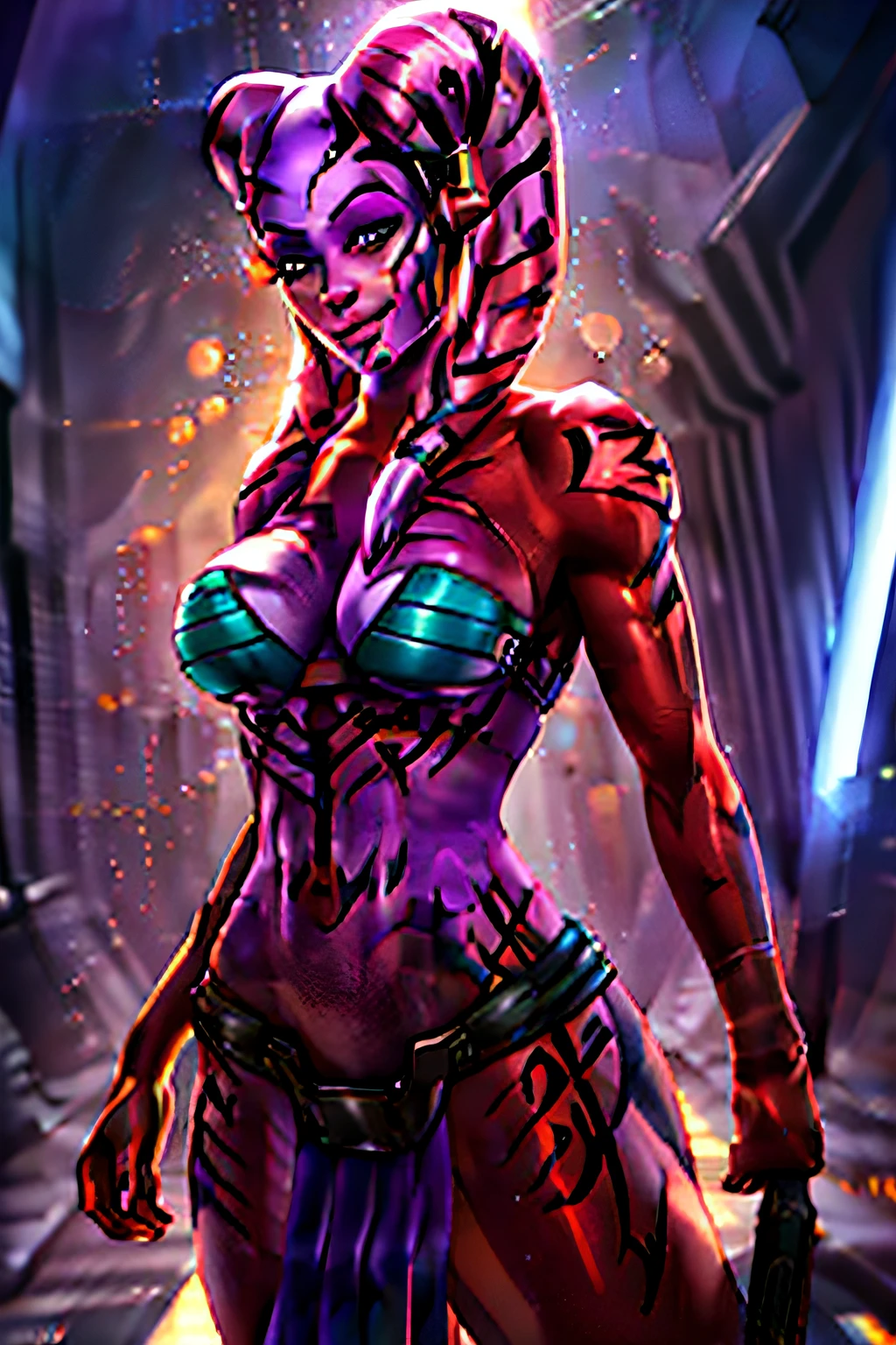 purple skin:1.3, twilek, facial markings, standing, dynamic pose, medium breasts, detailed face and eyes, upper body, detailed background, highly detailed, best quality, high resolution, 4k, cinematic lighting, seductive smile, red revealing bikini, sarong, oasis, partially submerged,