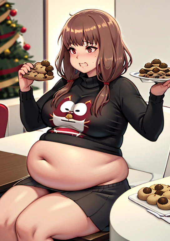 Miko Iino, fat, large belly, chubby, overweight, twin tails, Christmas, wearing sweater,, sitting down, table full of food, cookies, eating cookies, very fat, Christmas season, Christmas time, Christmas season, holidays, Christmas sweater,