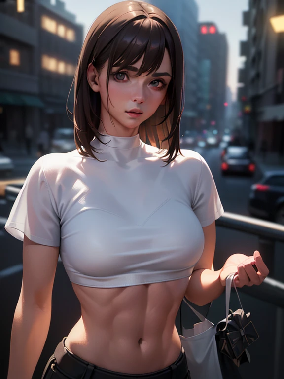 ((Realistic Lighting, Best Quality, 8K, Masterpiece: 1.3)), Clear Focus: 1.2, 1girl, Perfect Figure: 1.4, Slim Abs: 1.1, (Dark Brown Hair)), (White Crop Top: 1.4), (Outdoor, Night: 1.1), City Streets, Super Beautiful Face, Beautiful Eyes, Double Eyelids, Bare Chest