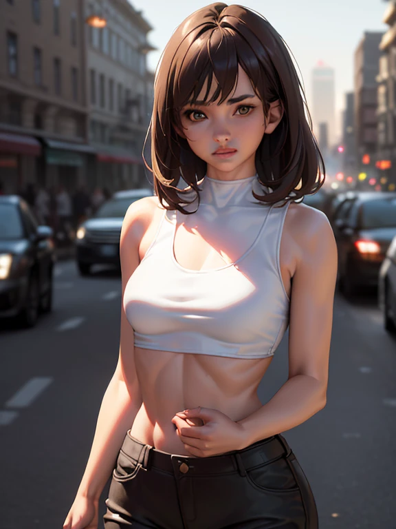 ((Realistic Lighting, Best Quality, 8K, Masterpiece: 1.3)), Clear Focus: 1.2, 1girl, Perfect Figure: 1.4, Slim Abs: 1.1, (Dark Brown Hair)), (White Crop Top: 1.4), (Outdoor, Night: 1.1), City Streets, Super Beautiful Face, Beautiful Eyes, Double Eyelids, Bare Chest