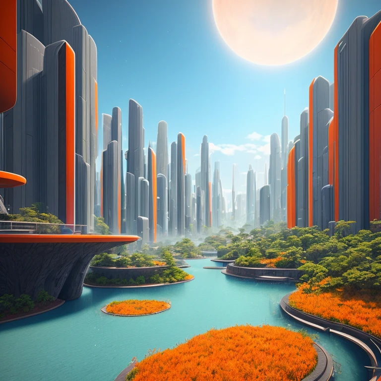 utopian worlds, pastel tones, brown, blue, grey, orange,