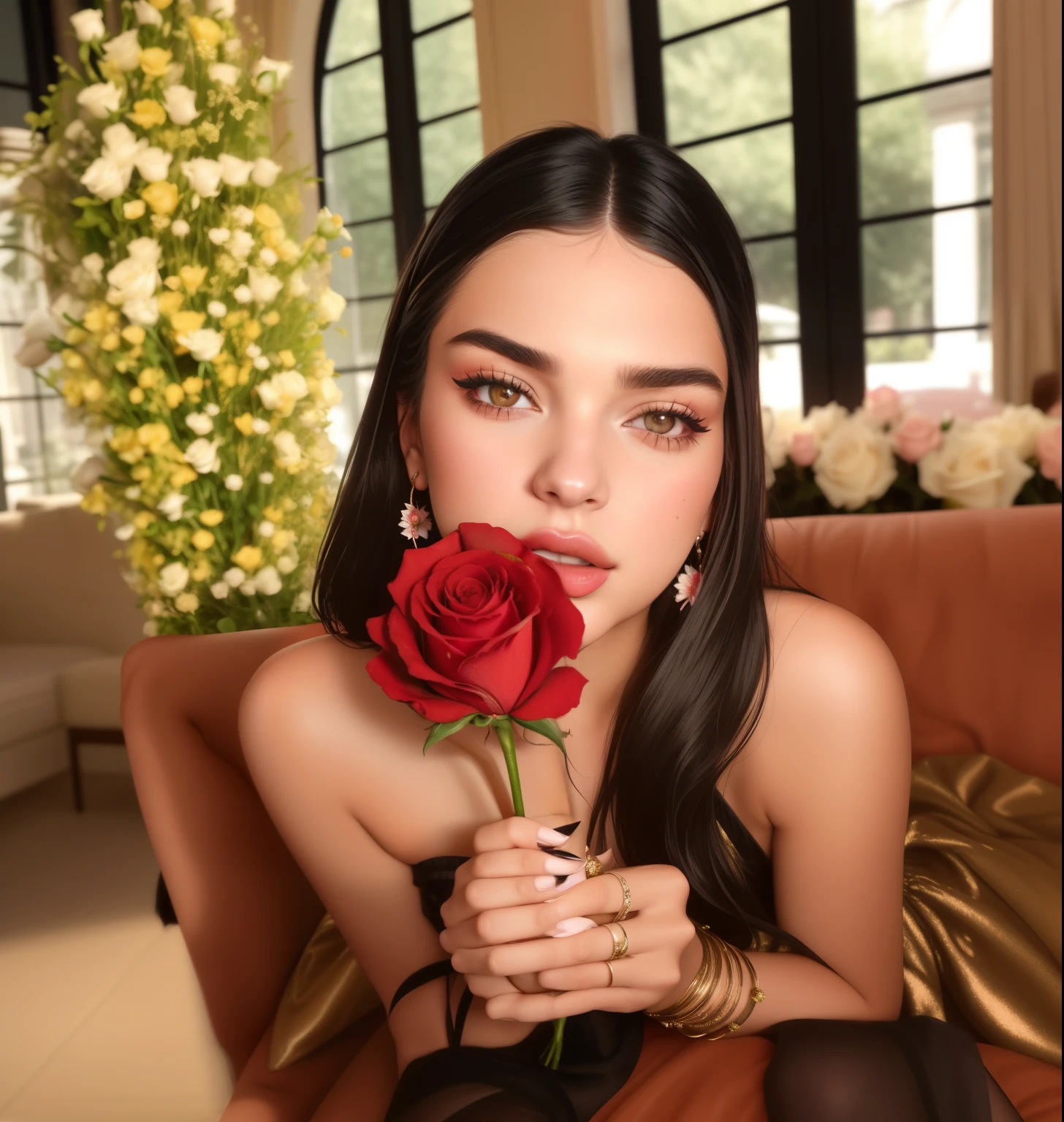 a woman with long hair and a rose in her hand, kendall jenner, dua lipa, emily ratajkowski, adriana lima, madison beer, 💋 💄 👠 👗, with flowers, 🤬 🤮 💕 🎀, most beautiful woman on earth, photoshoot, hot, holding a rose, soft devil queen madison beer, laying on roses, 💣 💥