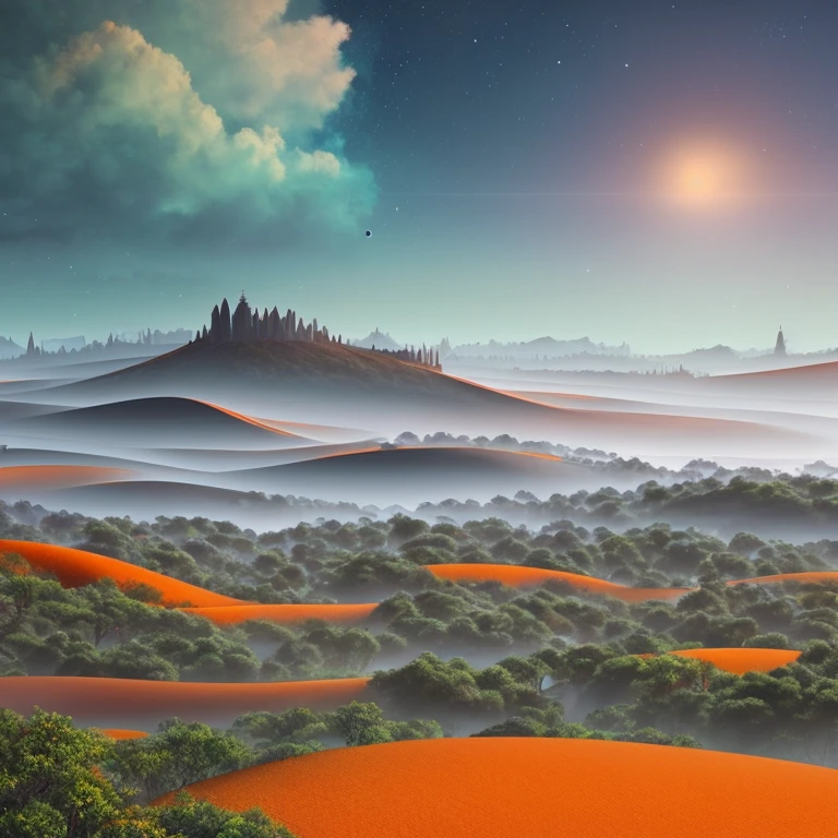 utopian worlds, pastel tones, brown, blue, grey, orange,