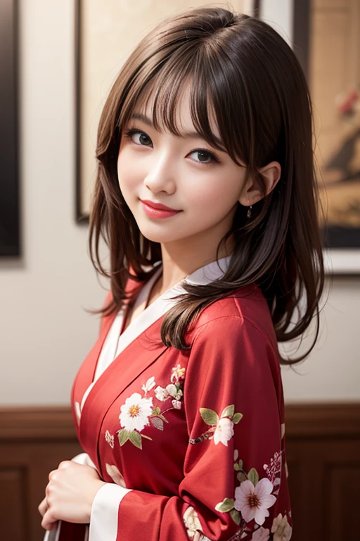 The cutest girl who works as a gravure idol、with shiny brown hair、She is captivating with her red floral kimono.。She smiled confidently.、Facing the camera in a professional pose。her fashion and expressions、A perfect balance between cuteness and elegance、It draws the viewer in and doesn't let go.。Through this scene、Express her charm to the fullest。"