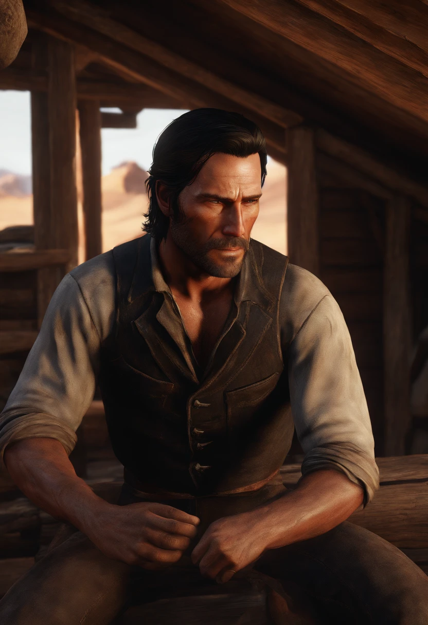 A picture of John repairing the roof of his cabin with determination in his eyes.,Red Dead Redemption,A man with shoulder-length black hair he has swept back. Black stubble. Mid-thirties. Half of his face has claw mark scars. , male