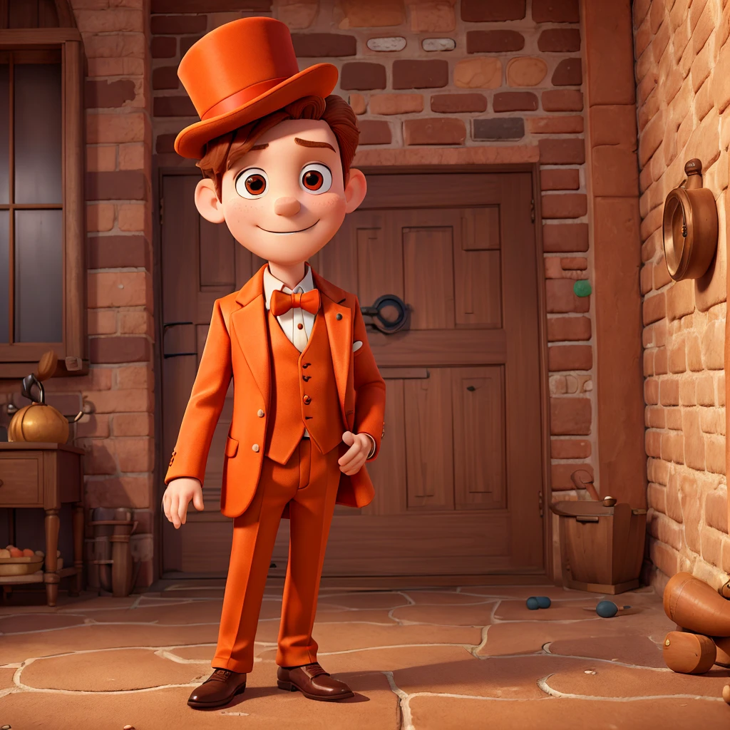 (best quality,8k,full-length portrait:1.2),9--old  MATEO,[chestnut hair] [reddish hair],dressed in an all-orange suit,[top hat],gloves,[pipe],a hand watch,[monocle],a question-shaped cane