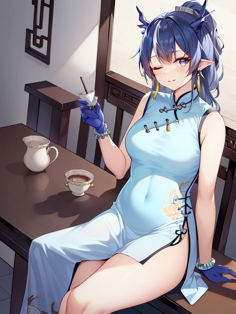 masutepiece, Best Quality, High resolution, 
1girl in, Dress, Solo, one eye closed, breasts, Holding, qipao dress, Sitting, tail, White Dress, Jewelry, chinese clothes, cup, holding cup, Parted lips, Smile, Sleeveless dress, Looking at Viewer, Sleeveless, Bare shoulders, Large breasts, earrings, official alternate costume, thighs thighs thighs thighs, Bangs, 手链, Very long hair, foot out of frame, Colored skin, bead bracelet, bead, crossed legs, signature, Arm support, Ponytail, tassel earrings,