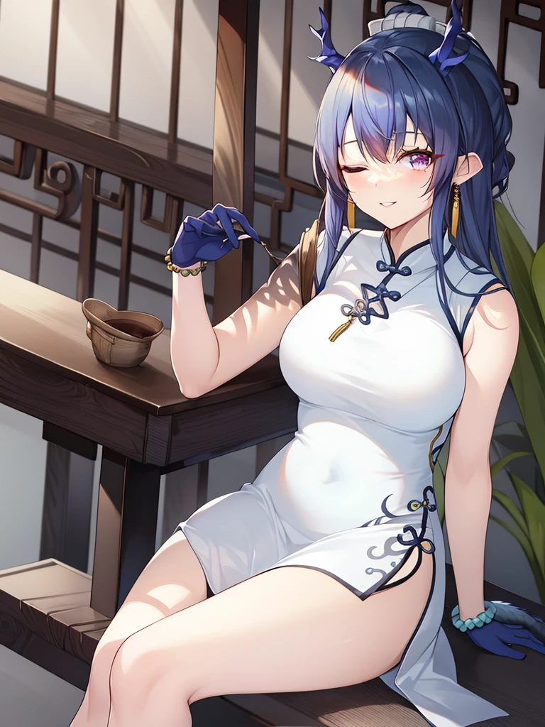 masutepiece, Best Quality, High resolution, 
1girl in, Dress, Solo, one eye closed, breasts, Holding, qipao dress, Sitting, tail, White Dress, Jewelry, chinese clothes, cup, holding cup, Parted lips, Smile, Sleeveless dress, Looking at Viewer, Sleeveless, Bare shoulders, Large breasts, earrings, official alternate costume, thighs thighs thighs thighs, Bangs, 手链, Very long hair, foot out of frame, Colored skin, bead bracelet, bead, crossed legs, signature, Arm support, Ponytail, tassel earrings,