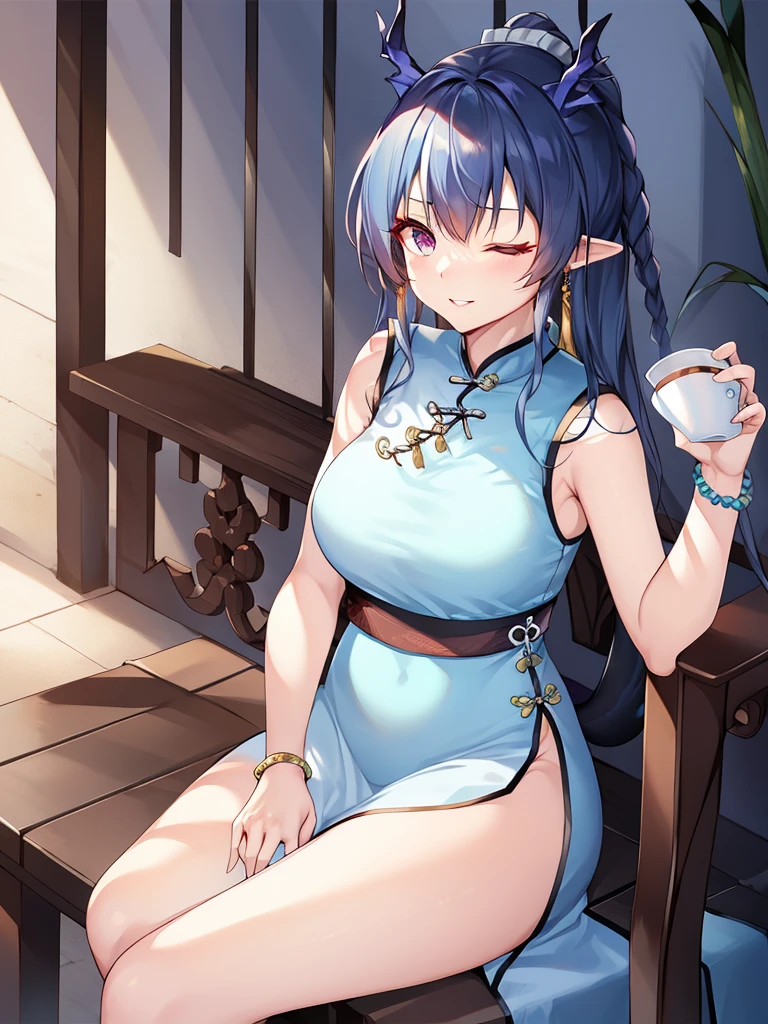 masutepiece, Best Quality, High resolution, 
1girl in, Dress, Solo, one eye closed, breasts, Holding, qipao dress, Sitting, tail, White Dress, Jewelry, chinese clothes, cup, holding cup, Parted lips, Smile, Sleeveless dress, Looking at Viewer, Sleeveless, Bare shoulders, Large breasts, earrings, official alternate costume, thighs thighs thighs thighs, Bangs, 手链, Very long hair, foot out of frame, Colored skin, bead bracelet, bead, crossed legs, signature, Arm support, Ponytail, tassel earrings,