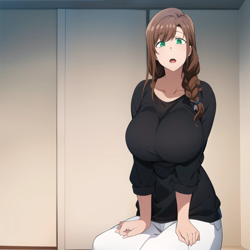 hd masterpiece, best quality, 1girl, solo, long hair, black shirt, opoened mouth, brown hair, braid , ears, DETAILED GREEN eyes, opened mouth, braid, ((living room)), surprised, white pants