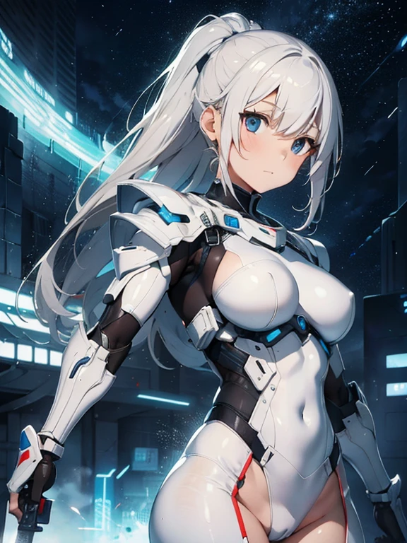 Woman in white suit holding sword, Mecha Iron White Futuristic Armor Clean Modern Simple Elegant, Porcelain Cyborg Armor, SF Women's Army